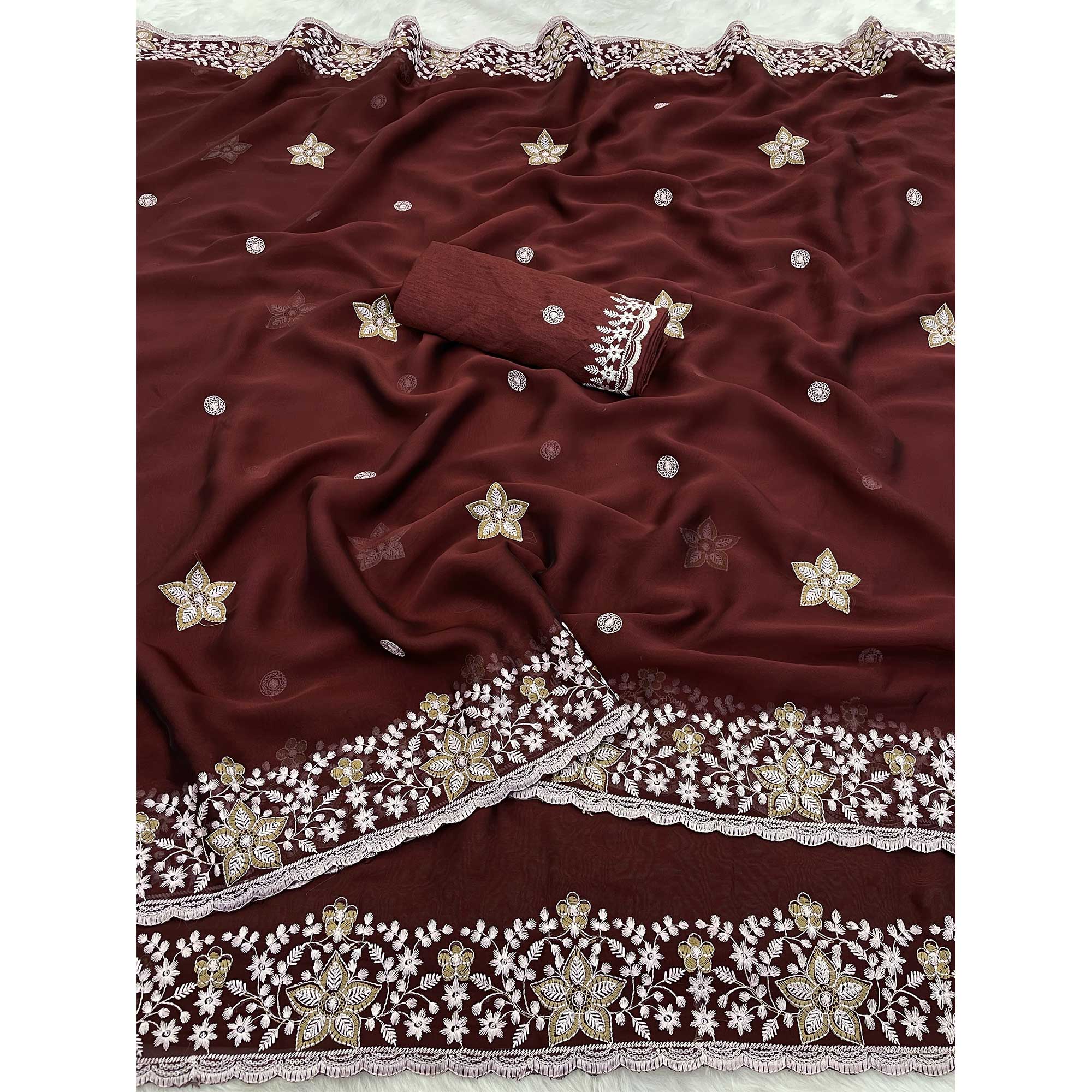Maroon Designer Art Silk Saree Enhanced with Fine Floral Embroidery Work
