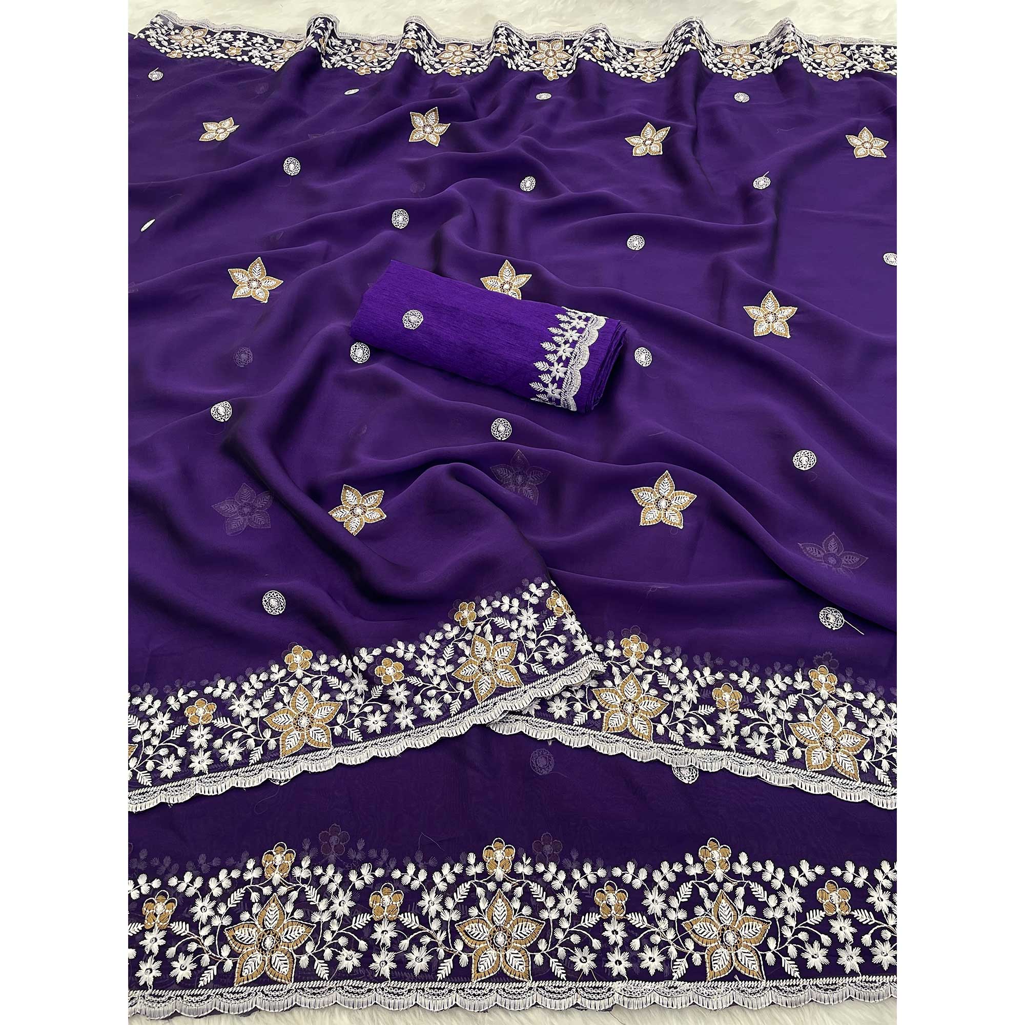 Purple Designer Art Silk Saree Enhanced with Fine Floral Embroidery Work