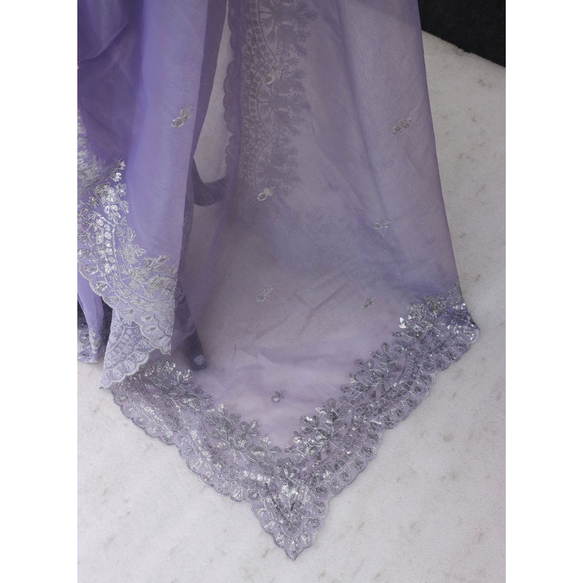 Lavender Sequins Embroidered Twill Net Designer Embellished Saree