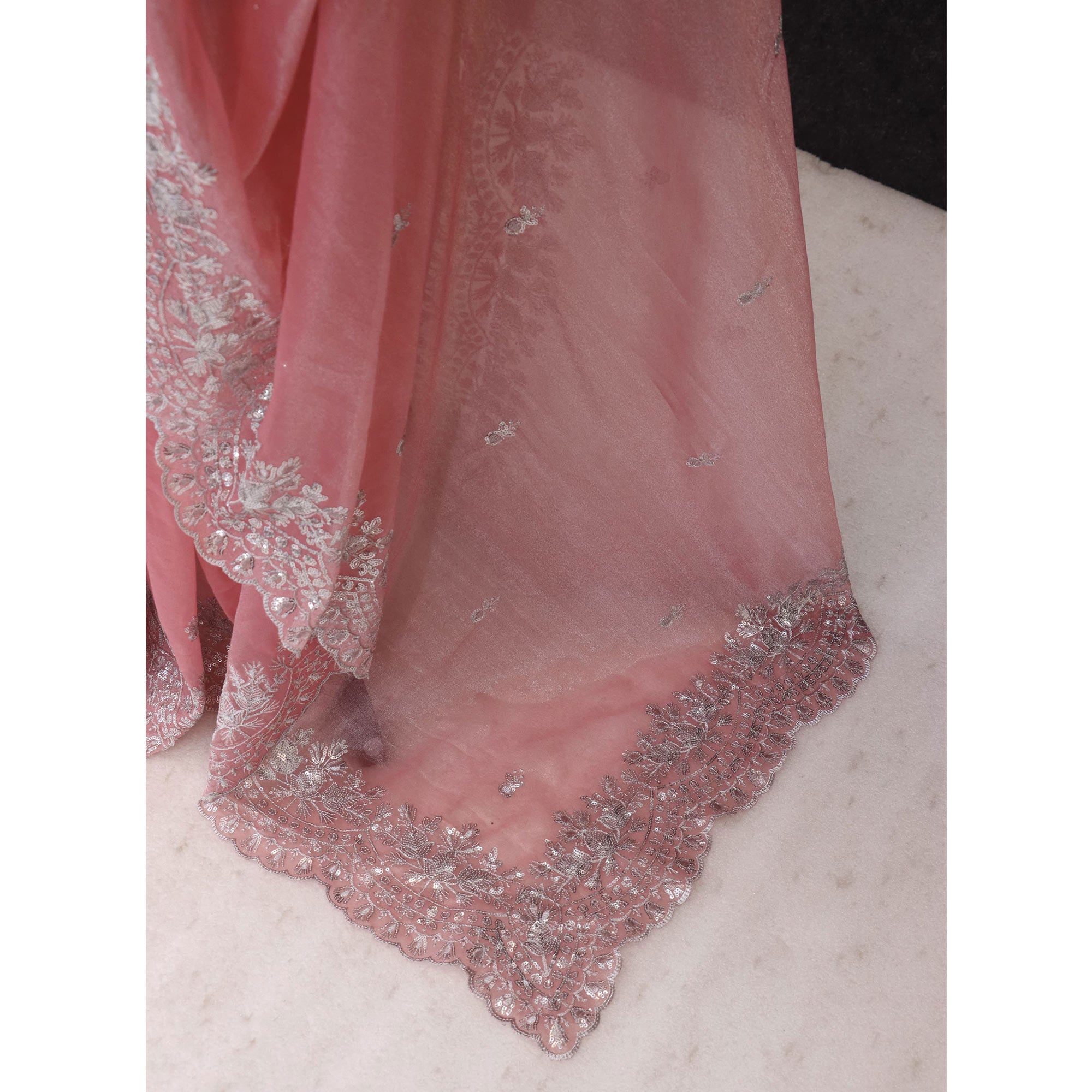 Peach Sequins Embroidered Twill Net Designer Embellished Saree