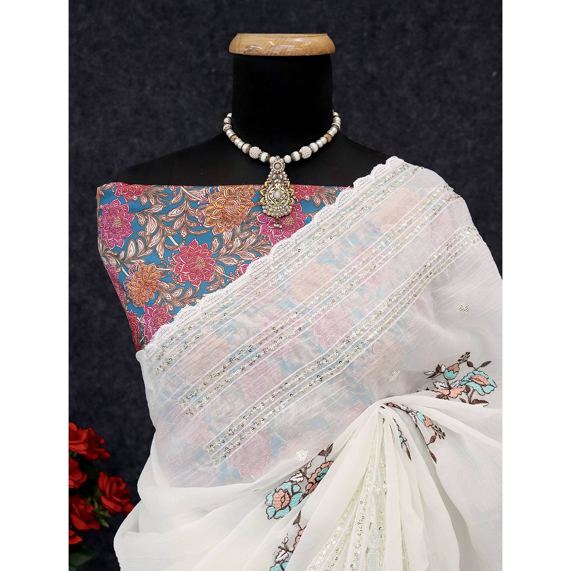 White Embroidered Cotton Silk Saree with Subtle Sequins Detailing