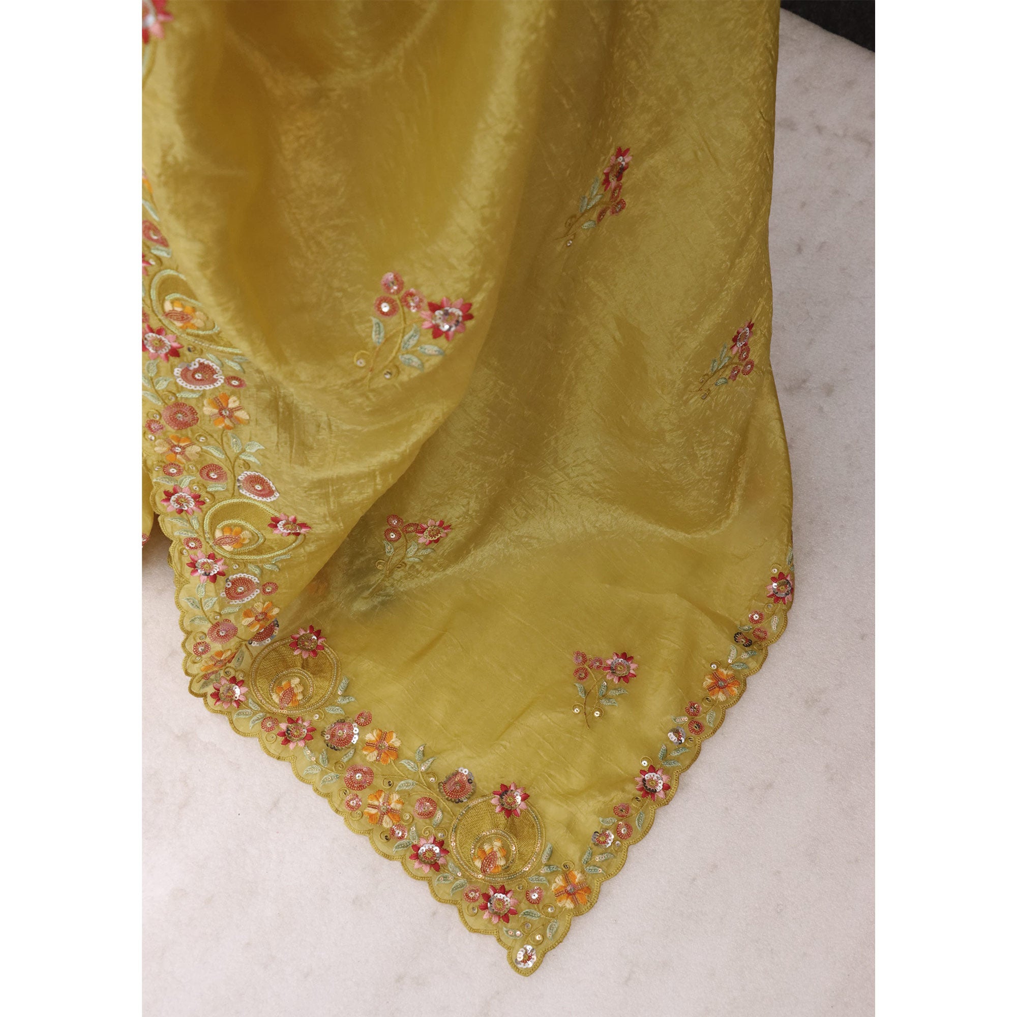 Yellow Elegance Cotton Silk Saree with Floral Sequins Embroidery