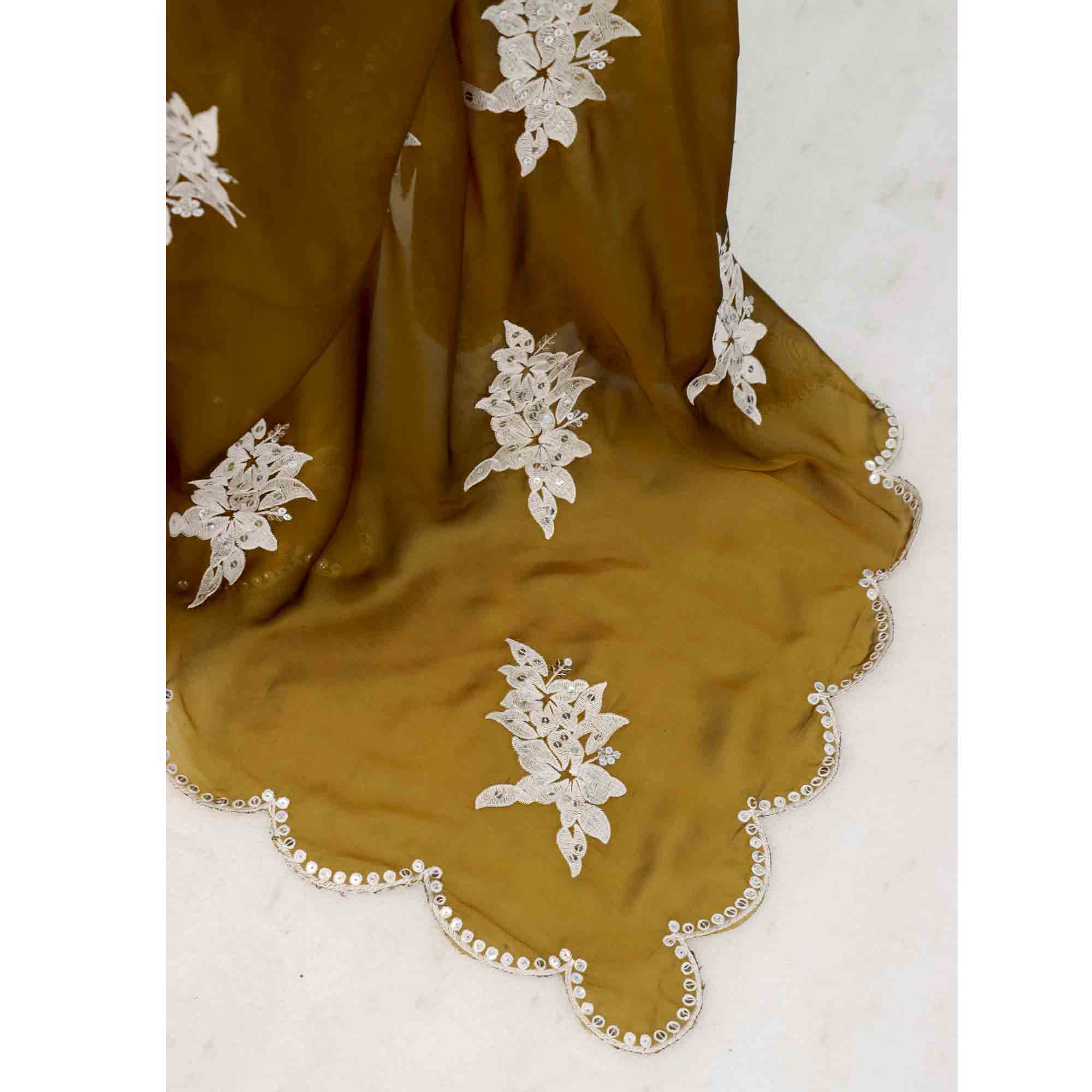 Mustard Silk Blend Saree with Embroidered Floral Design in Sequins & Thread
