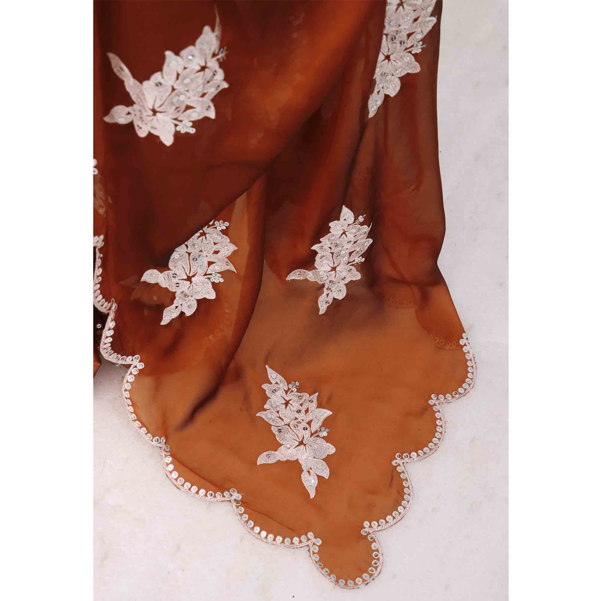 Rust Silk Blend Saree with Embroidered Floral Design in Sequins & Thread