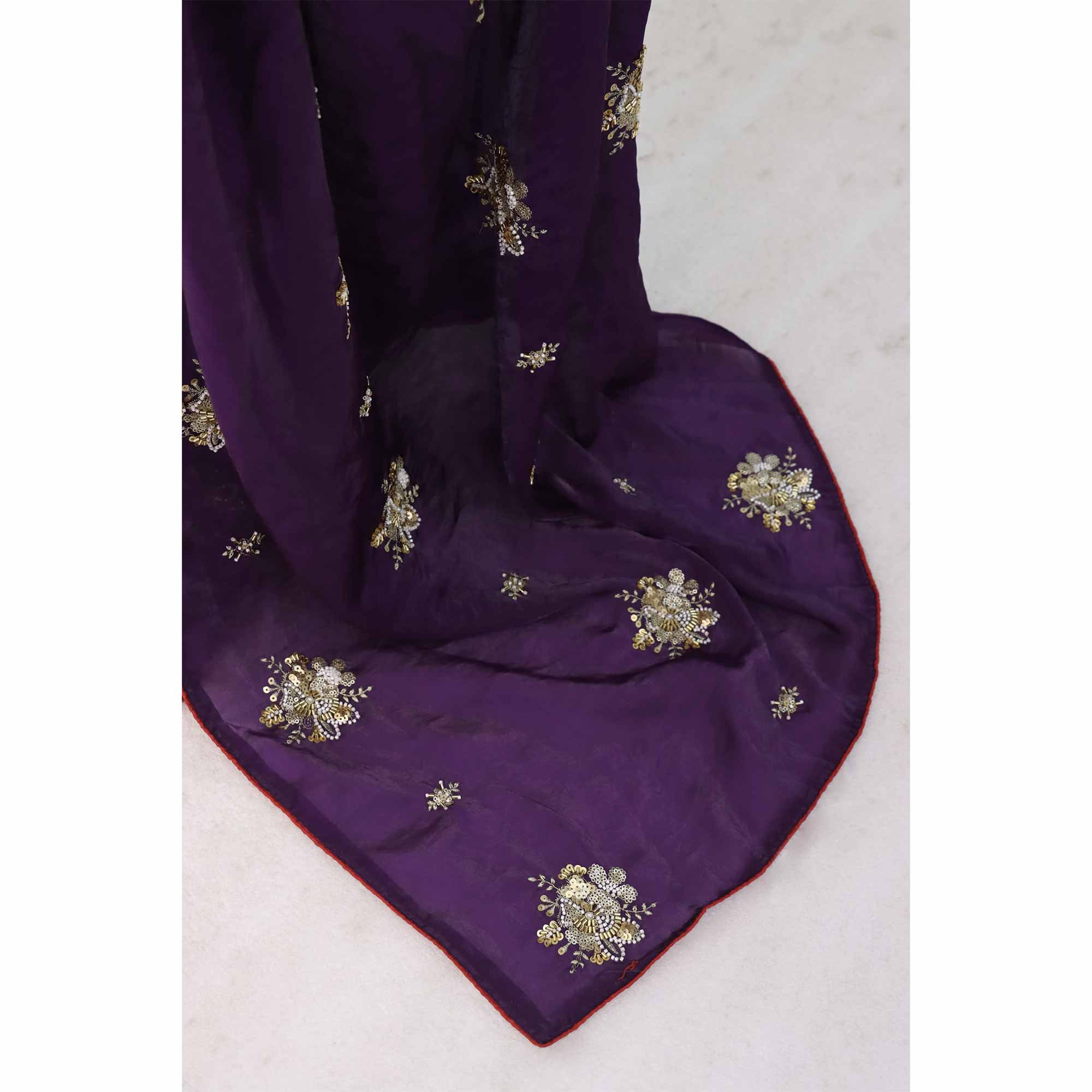 Party Wear Purple Satin Silk Saree with Intricate Bead and Sequin Detailing