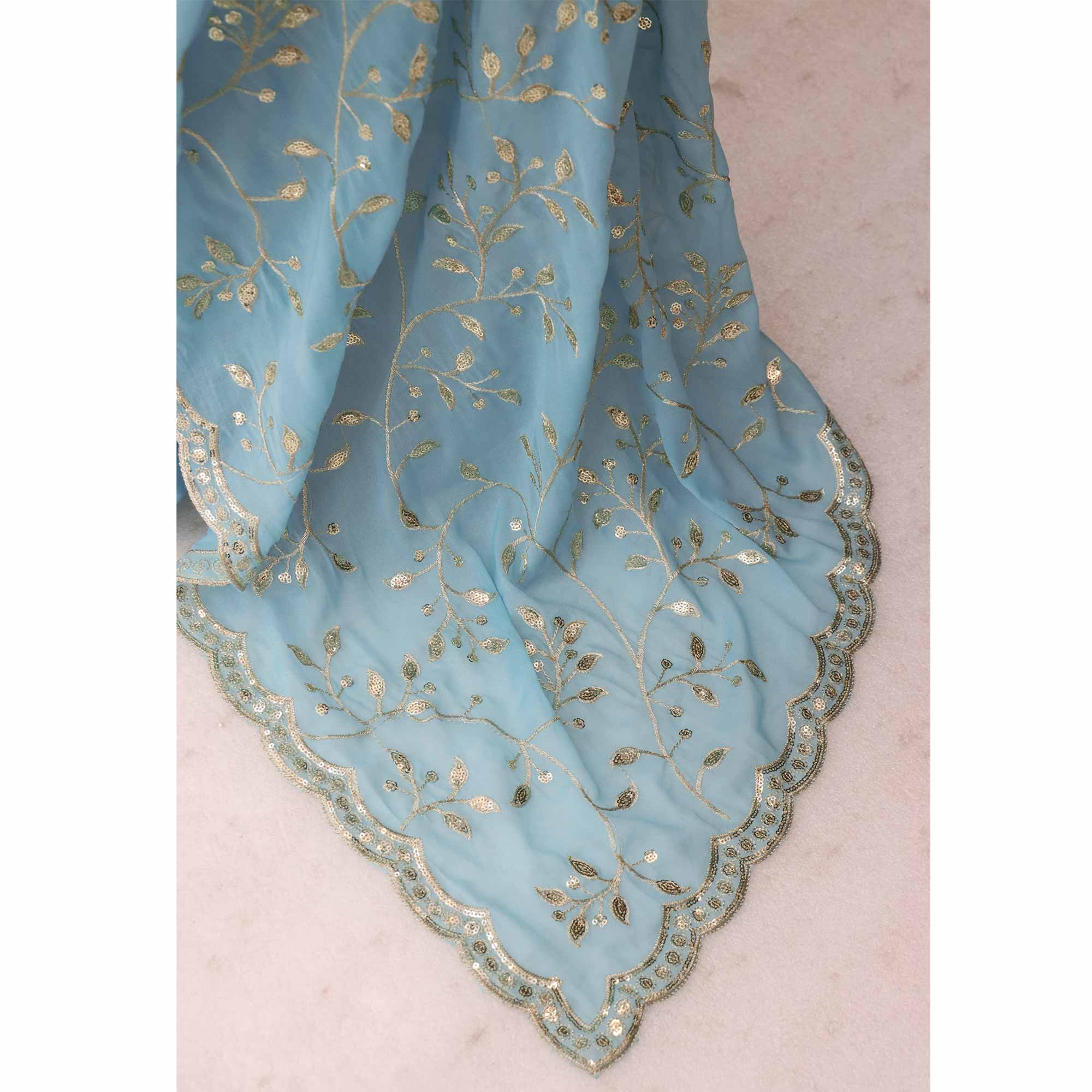 Designer Turquoise Georgette Saree Featuring Intricate Sequins & Embroidery Work