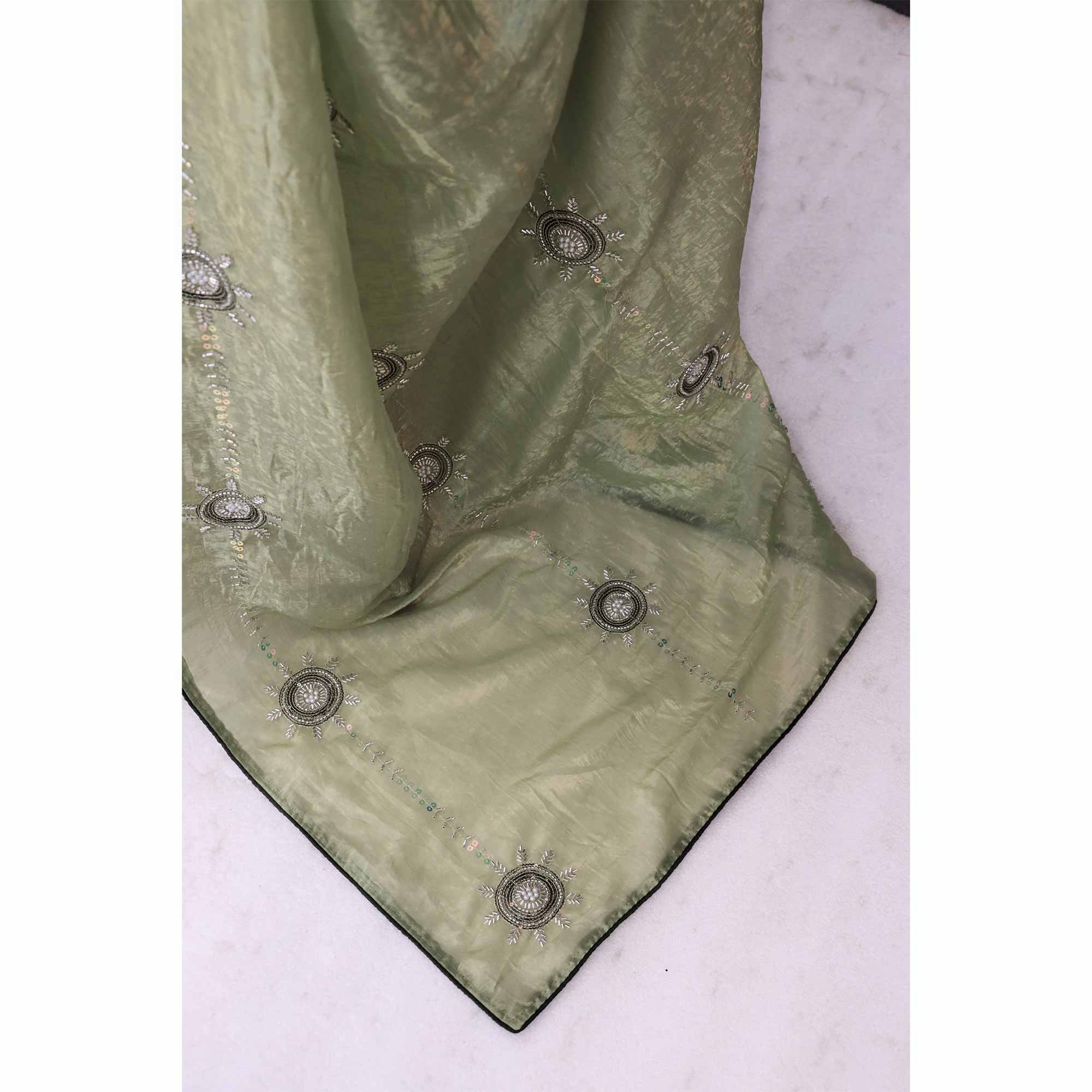Pista Green Designer Silk Blend Saree Embellished with Stones & Beads