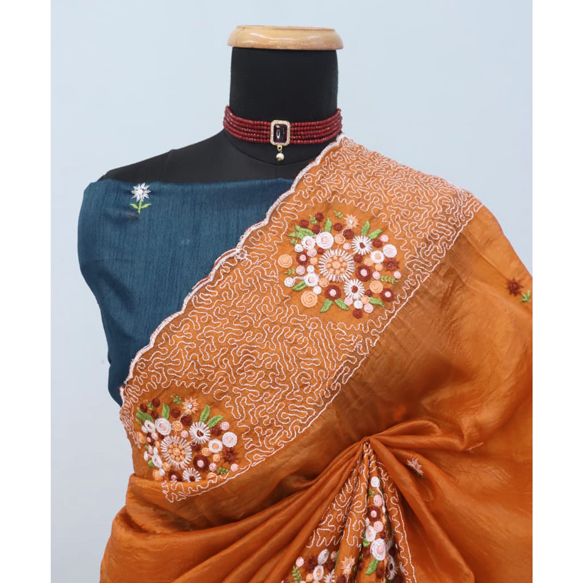 Orange Cotton Silk Saree with Beautiful Floral Embroidery for Parties & Celebrations