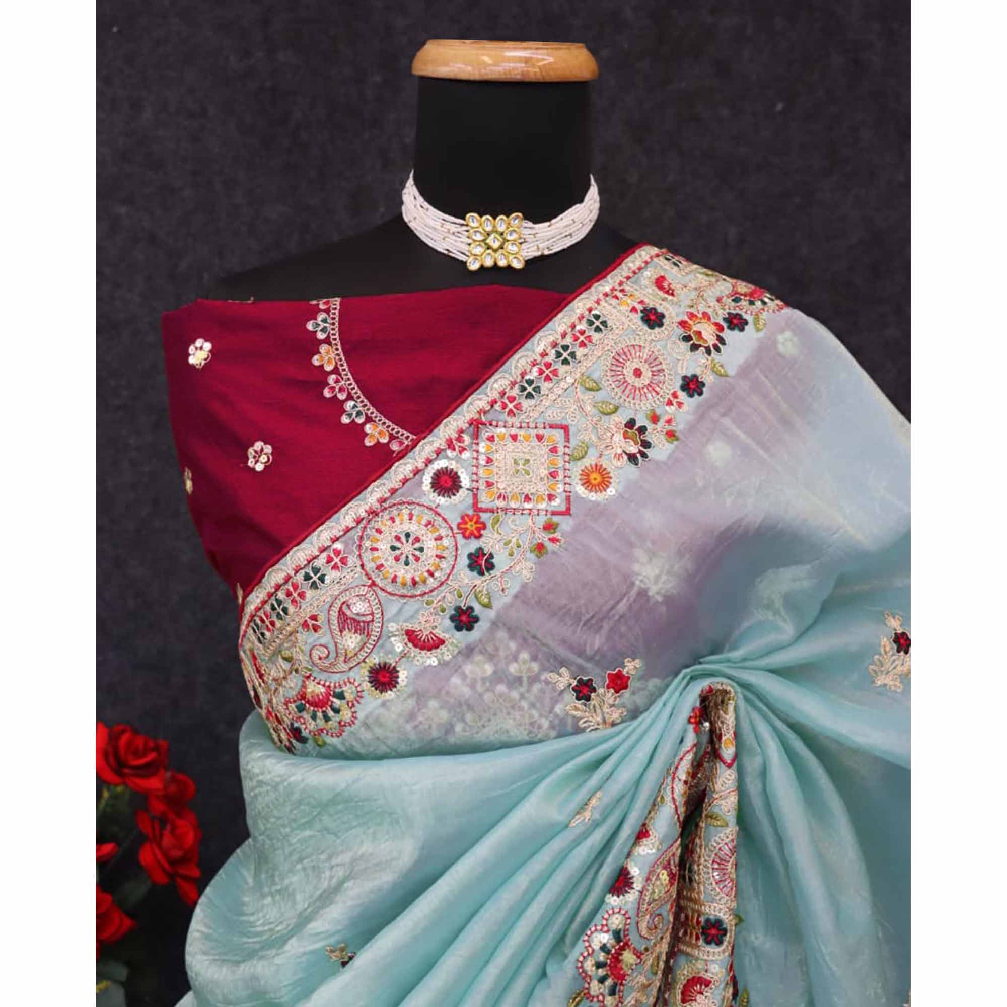 Aqua Blue Saree in Cotton Silk Fabric with Exquisite Floral Sequins Detailing