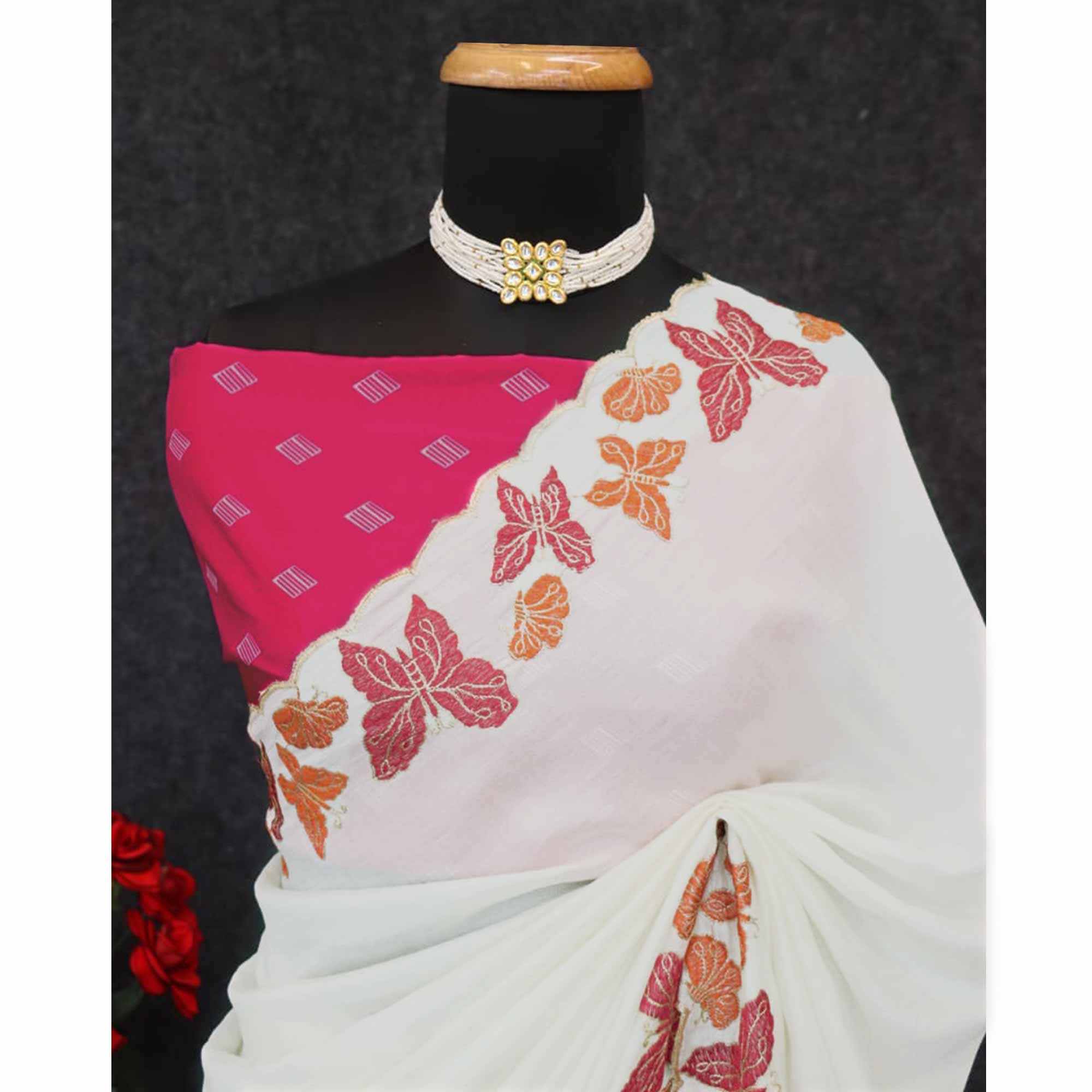 Off White Pure Vichitra Silk Saree with Graceful Butterfly Inspired Embroidery Detailing