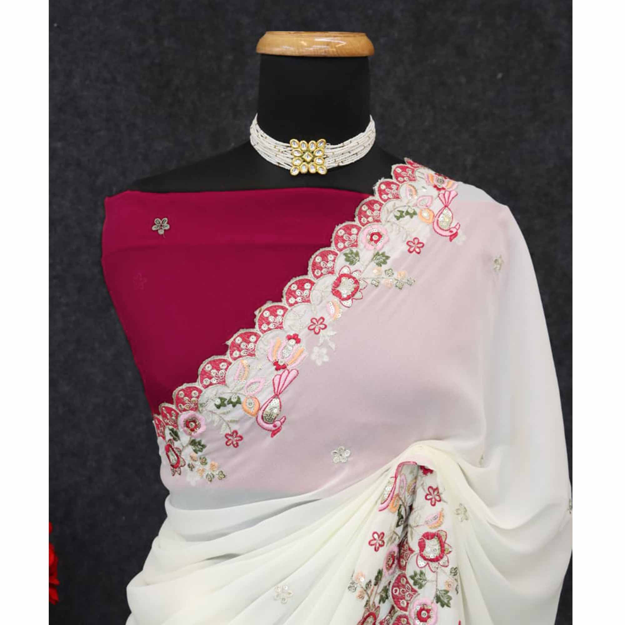 Stylish Off White Georgette Partywear Saree with Beautifully Embroidered Border Detailing