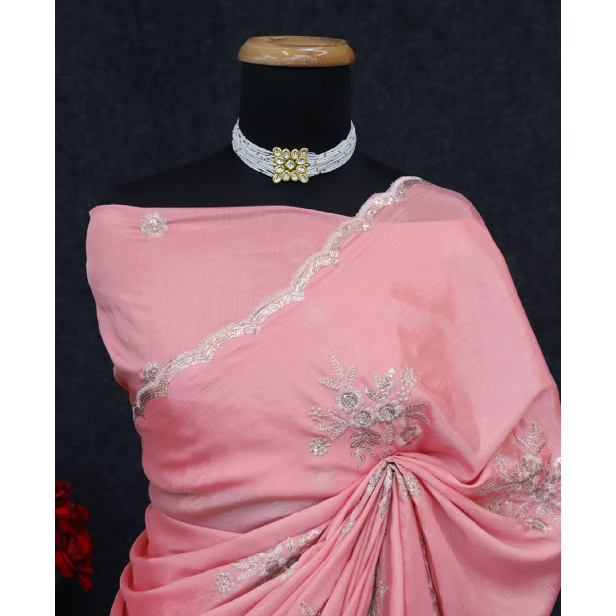 Designer Peach Pure Chinon Saree Highlighted with Elegant Sequins Embroidery