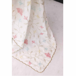 Graceful White Vichitra Silk Saree Adorned With Floral Sequins Embroidery & Golden Arco Border