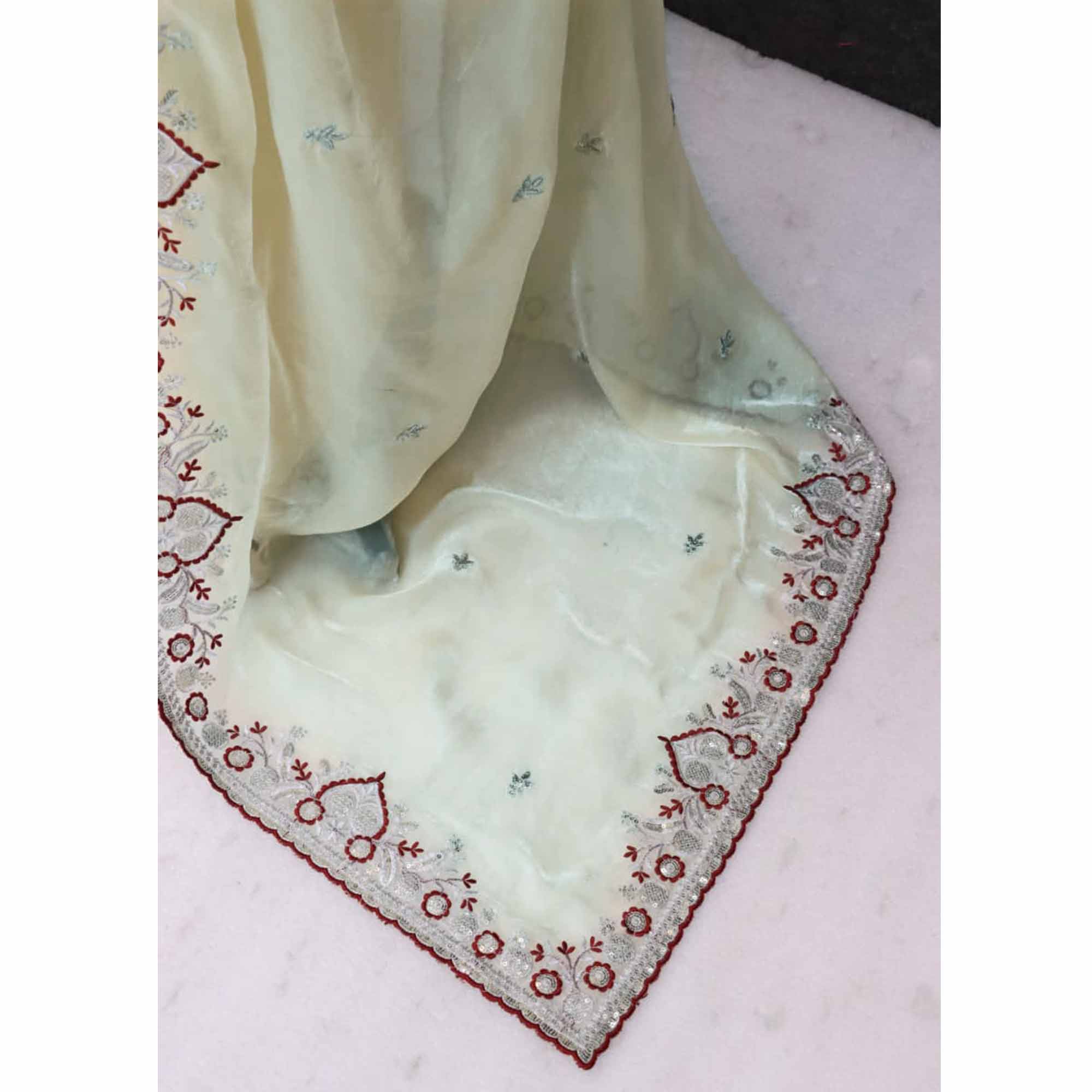 Radiant Cream Tissue Silk Saree Beautifully Embellished With Floral Thread & Sequins Embroidery