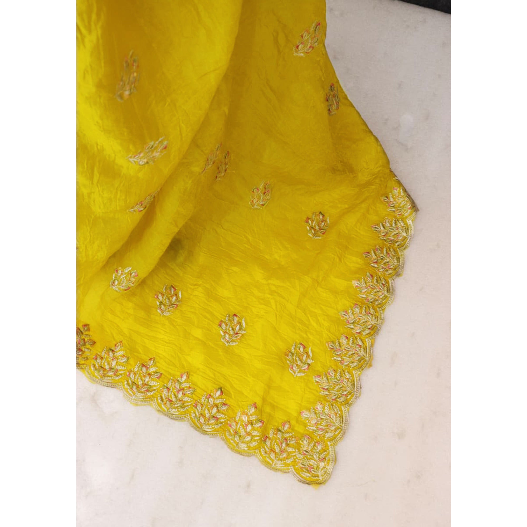 Classic Mustard Silk Blend Crush Saree Beautifully Embellished With Floral Thread Embroidery