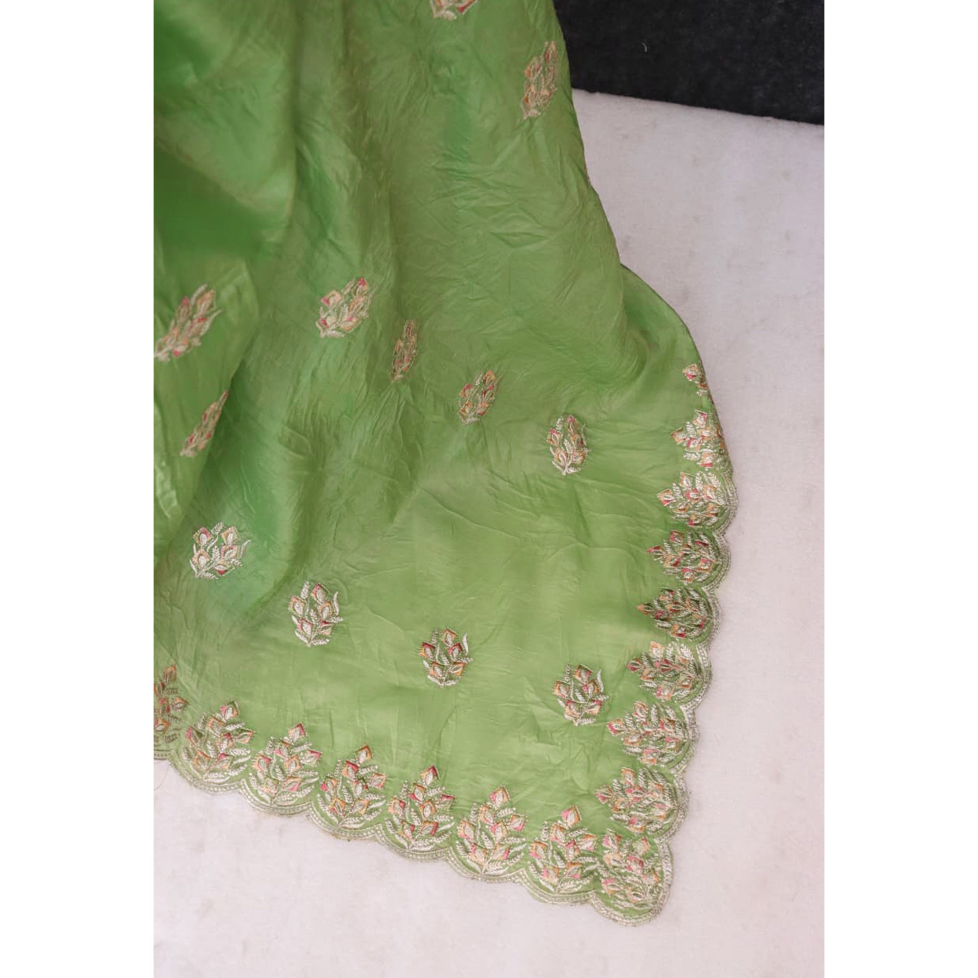 Classic Parrot Green Silk Blend Crush Saree Beautifully Embellished With Floral Thread Embroidery