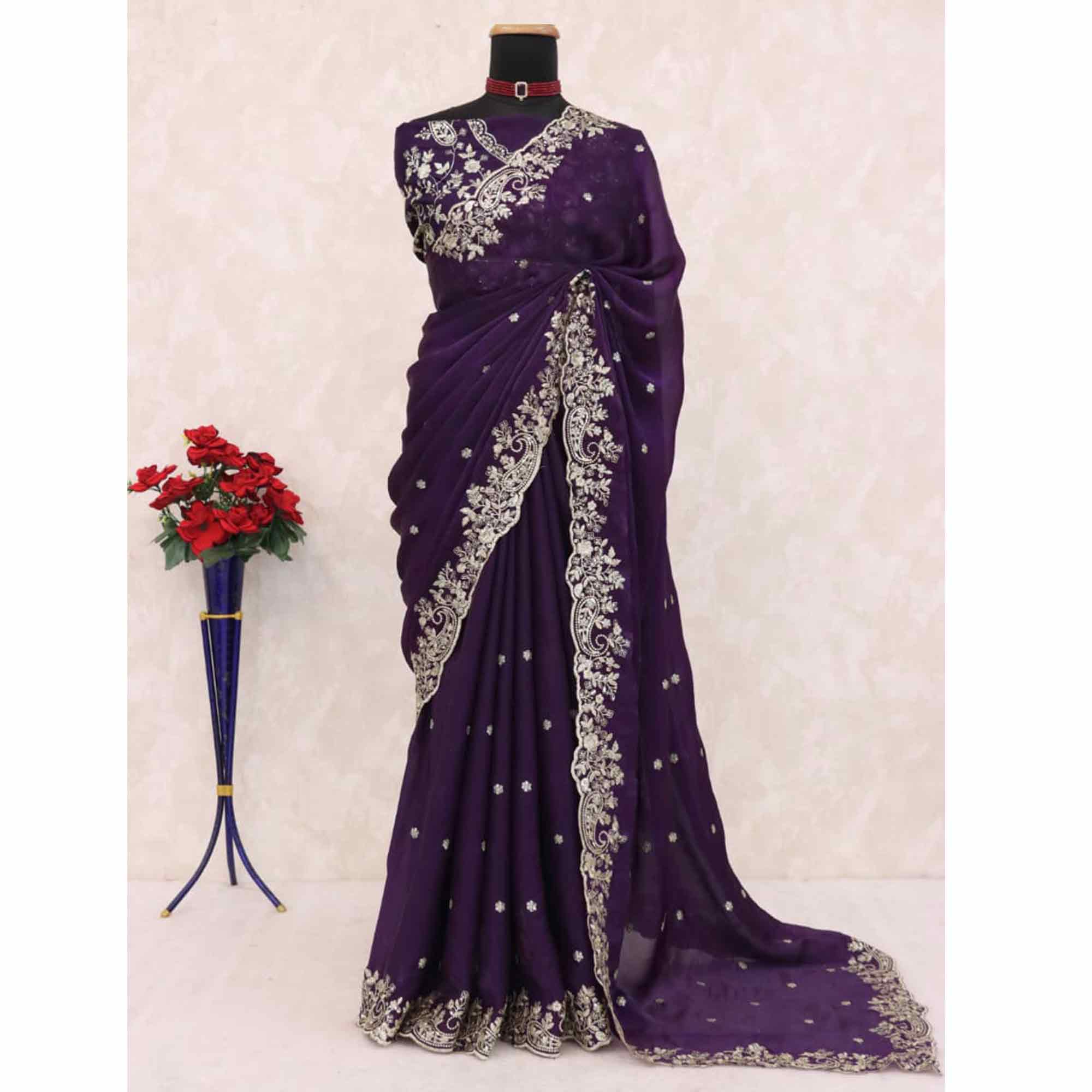 Violet Partywear Organza Satin Silk Crush Saree with Delicate Floral Embroidery