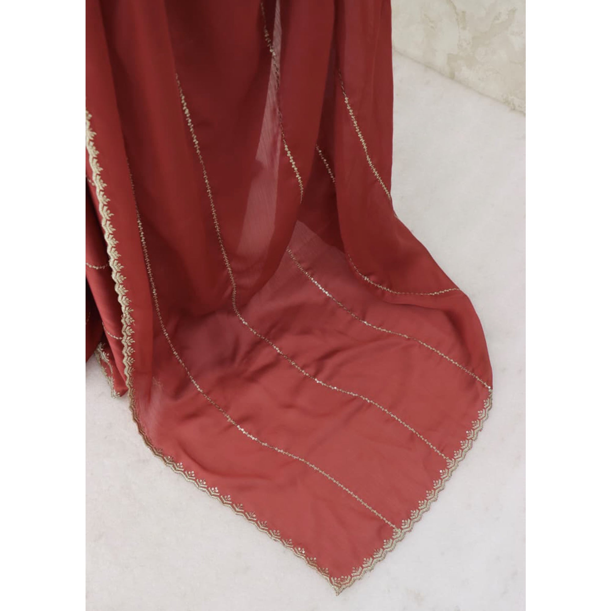 Brick Red Soft Satin Chiffon Saree Adorned with Intricate Sequins Detailing