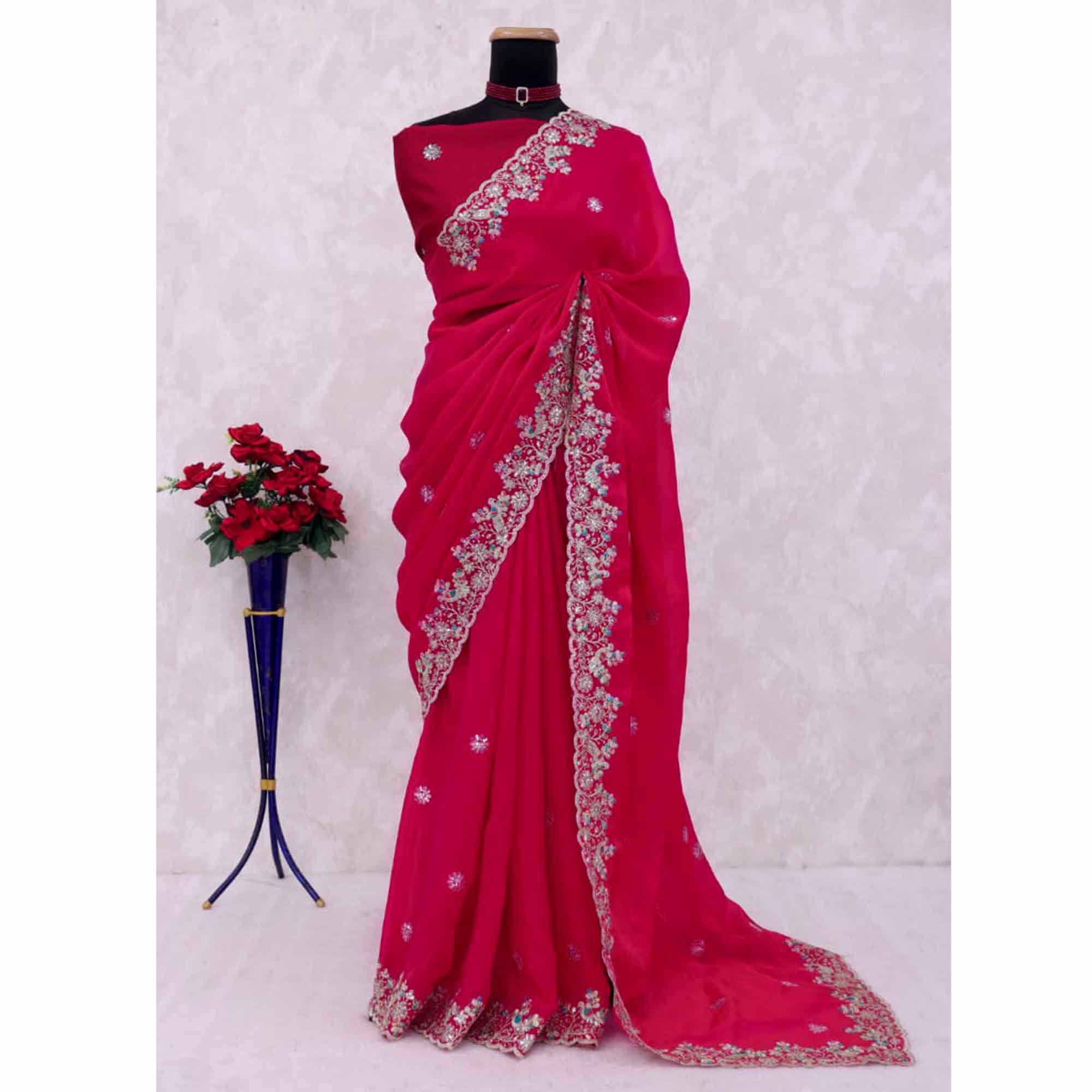 Pink Floral Embroidered Lightweight Organza Satin Silk Saree for Party and Festive Wear