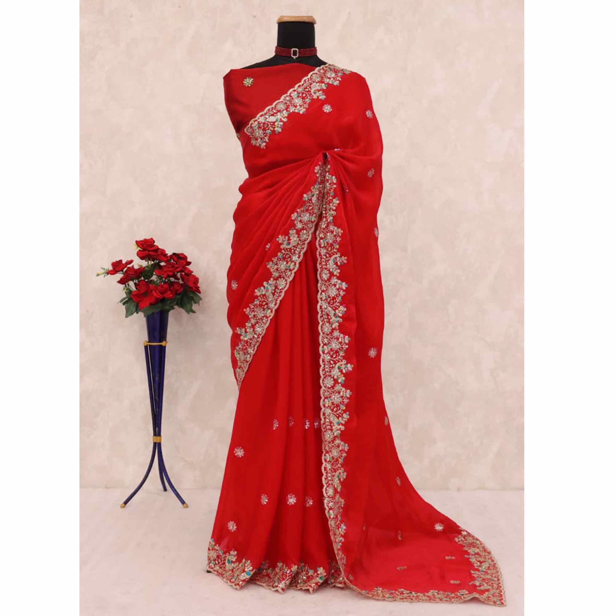 Red Floral Embroidered Lightweight Organza Satin Silk Saree for Party and Festive Wear