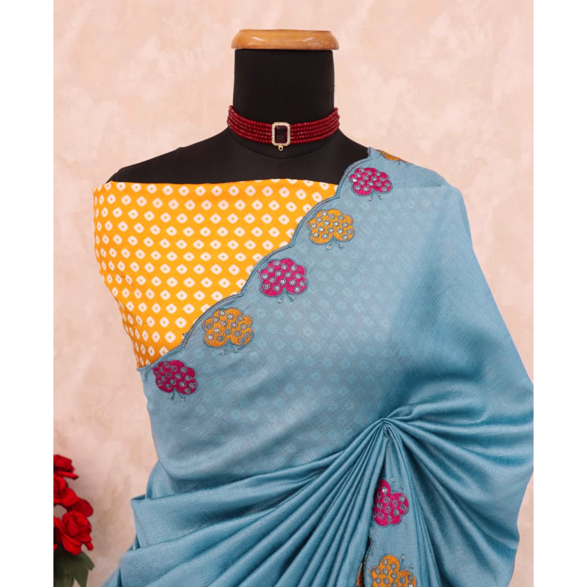 Teal Premium Vichitra Silk Saree Adorned with Intricate Embroidery Work