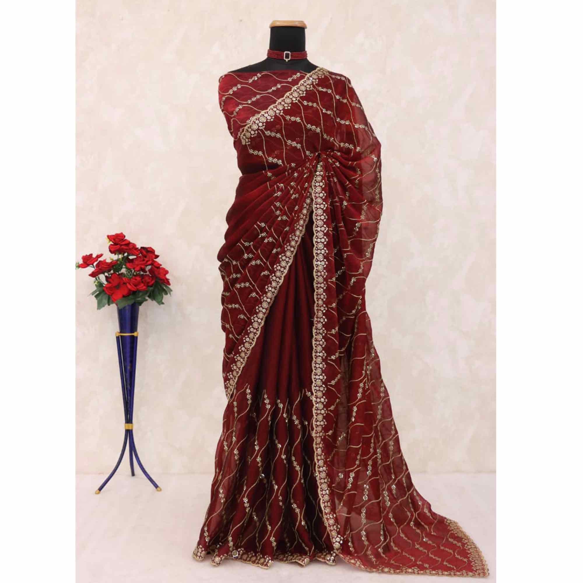 Maroon Partywear Organza Chiffon Silk Saree Highlighted with Fine Sequins Detailing