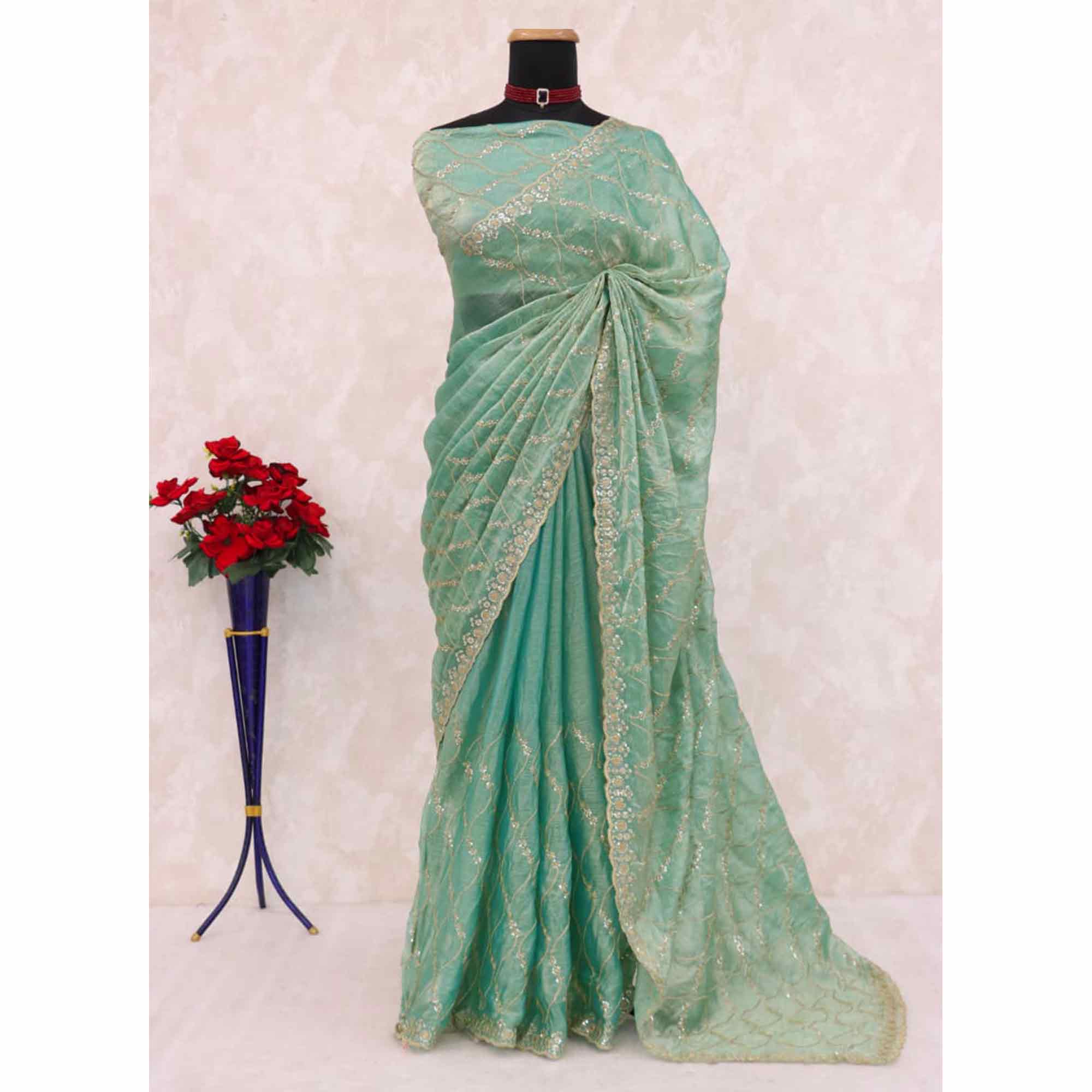Sea Green Partywear Organza Chiffon Silk Saree Highlighted with Fine Sequins Detailing
