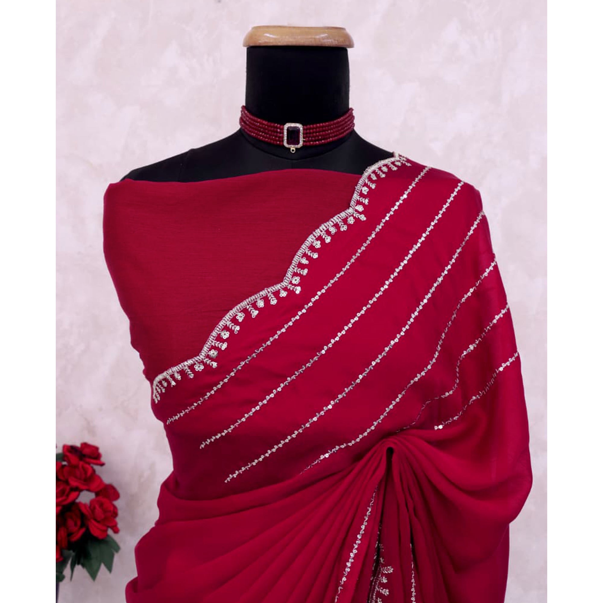 Pink Soft Satin Chiffon Saree Embellished with Intricate Sequins Detailing