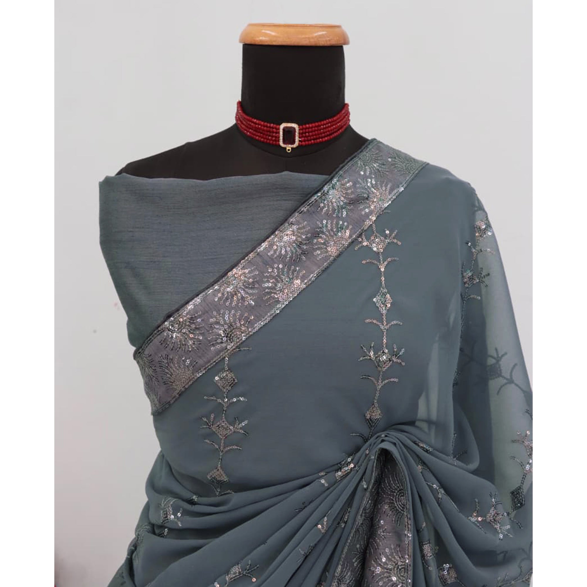 Grey Premium Vichitra Silk Saree Adorned with Shimmering Sequins Work