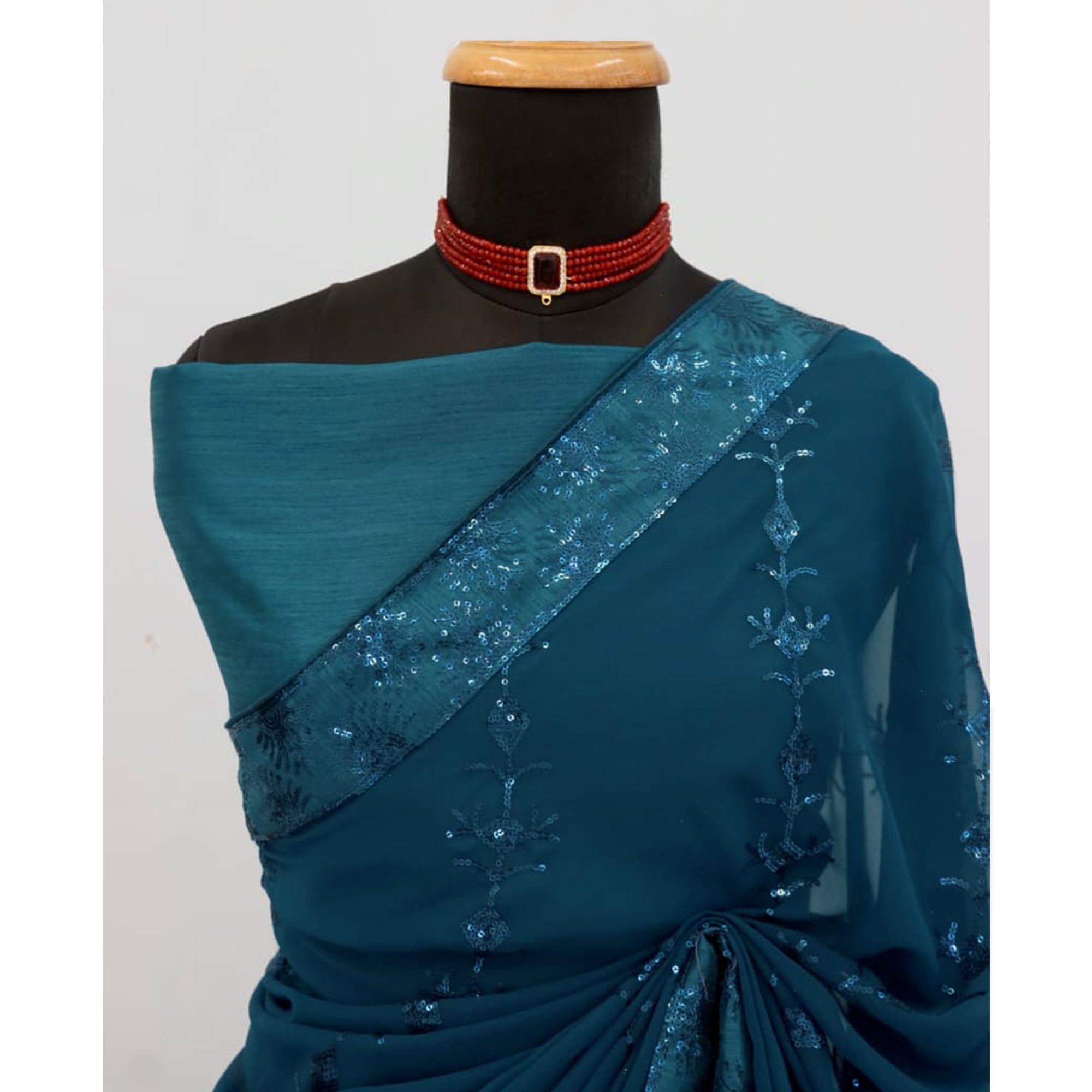 Teal Premium Vichitra Silk Saree Adorned with Shimmering Sequins Work
