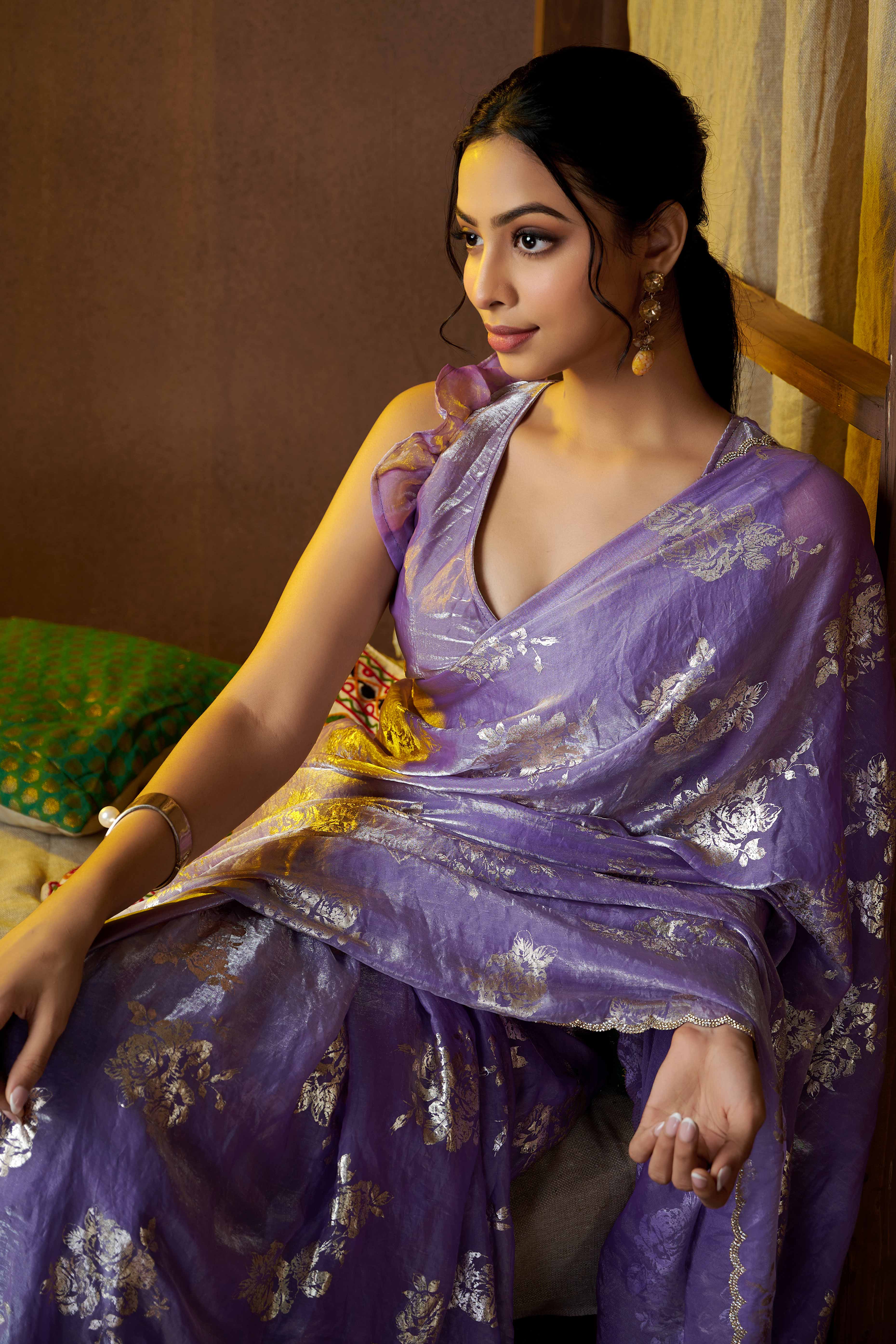 Lavender Floral Foil Printed Satin Silk Saree With Zarkan Border