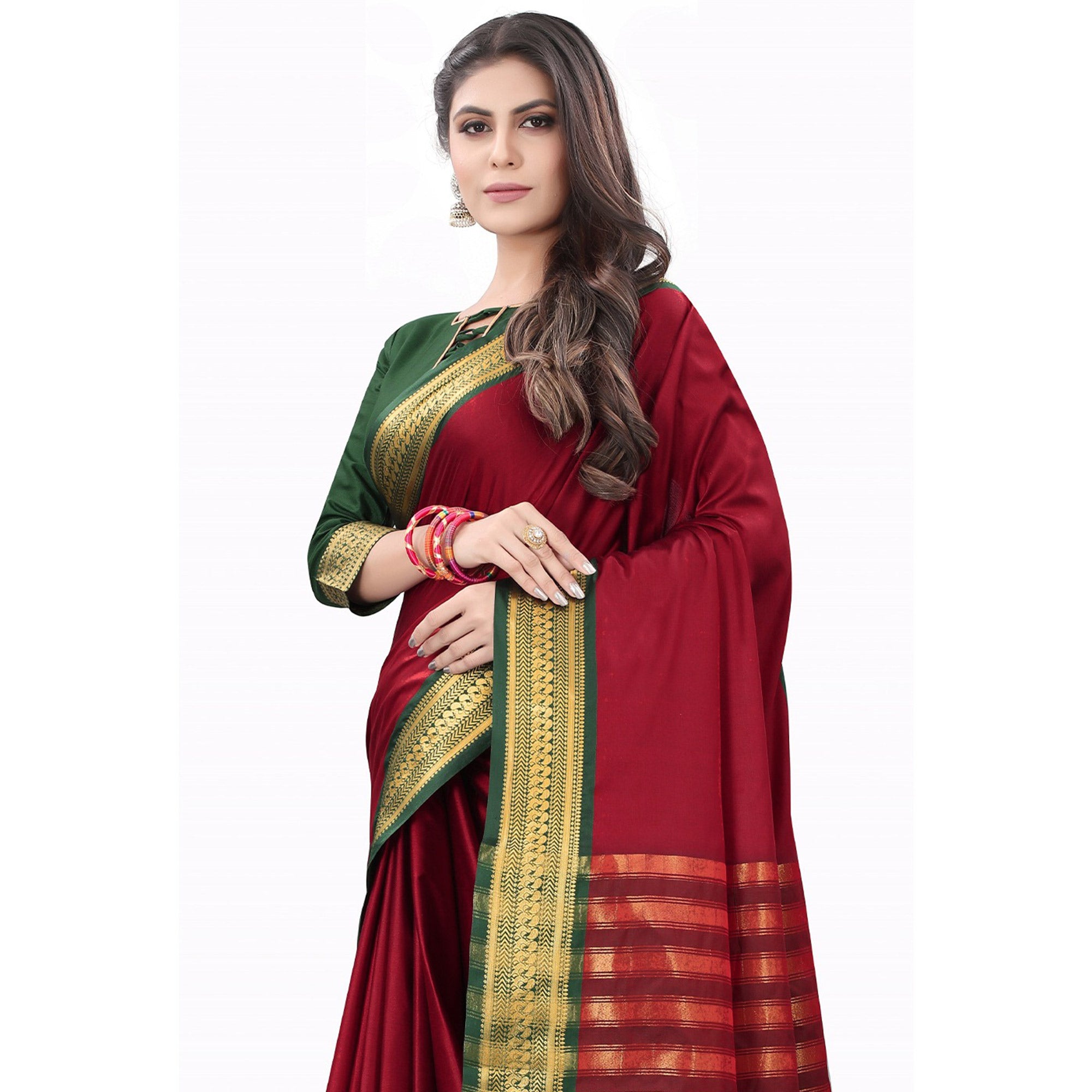 Red Solid Cotton Silk Saree With Jacquard Border
