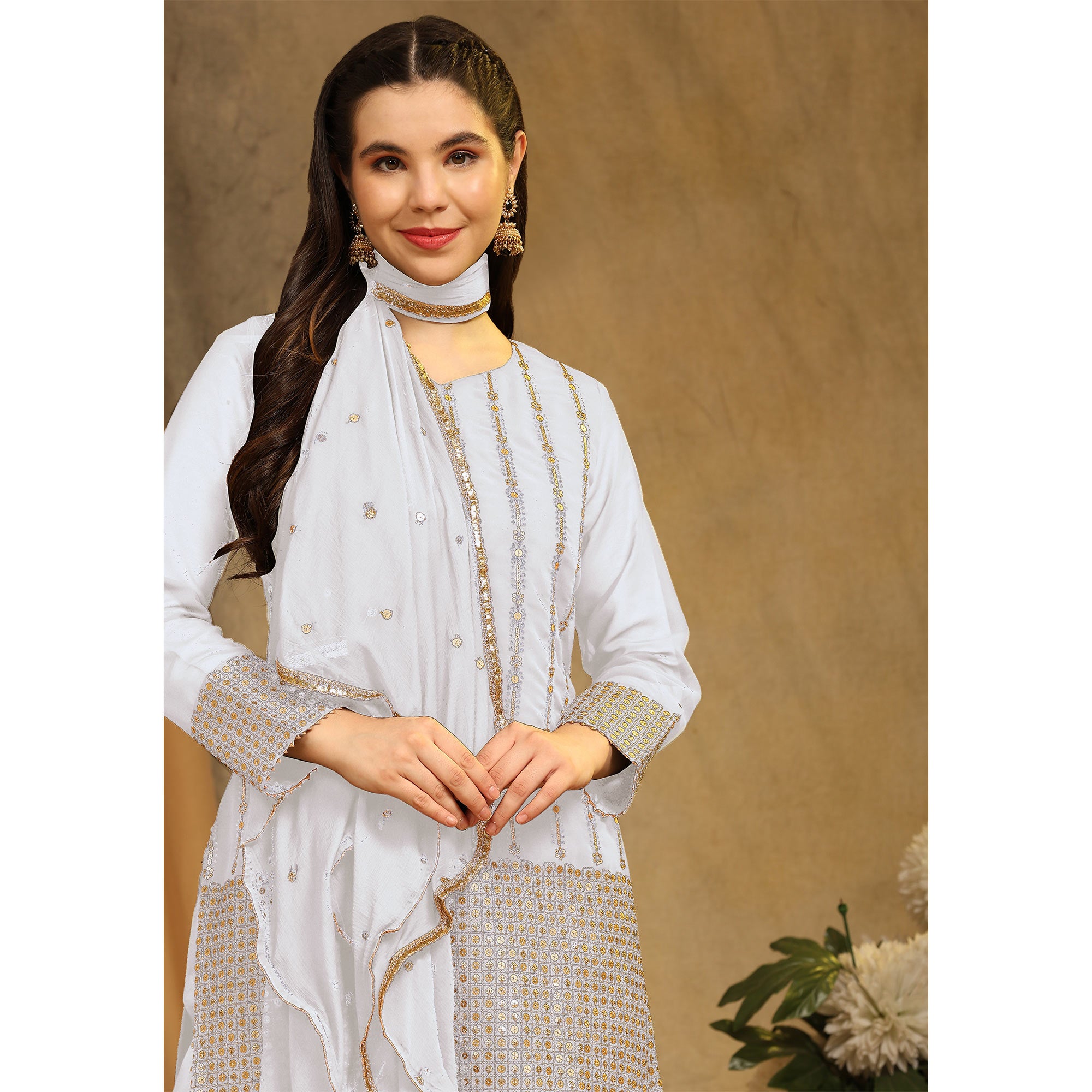 White Sequins Embroidered Georgette Semi Stitched Salwar Suit