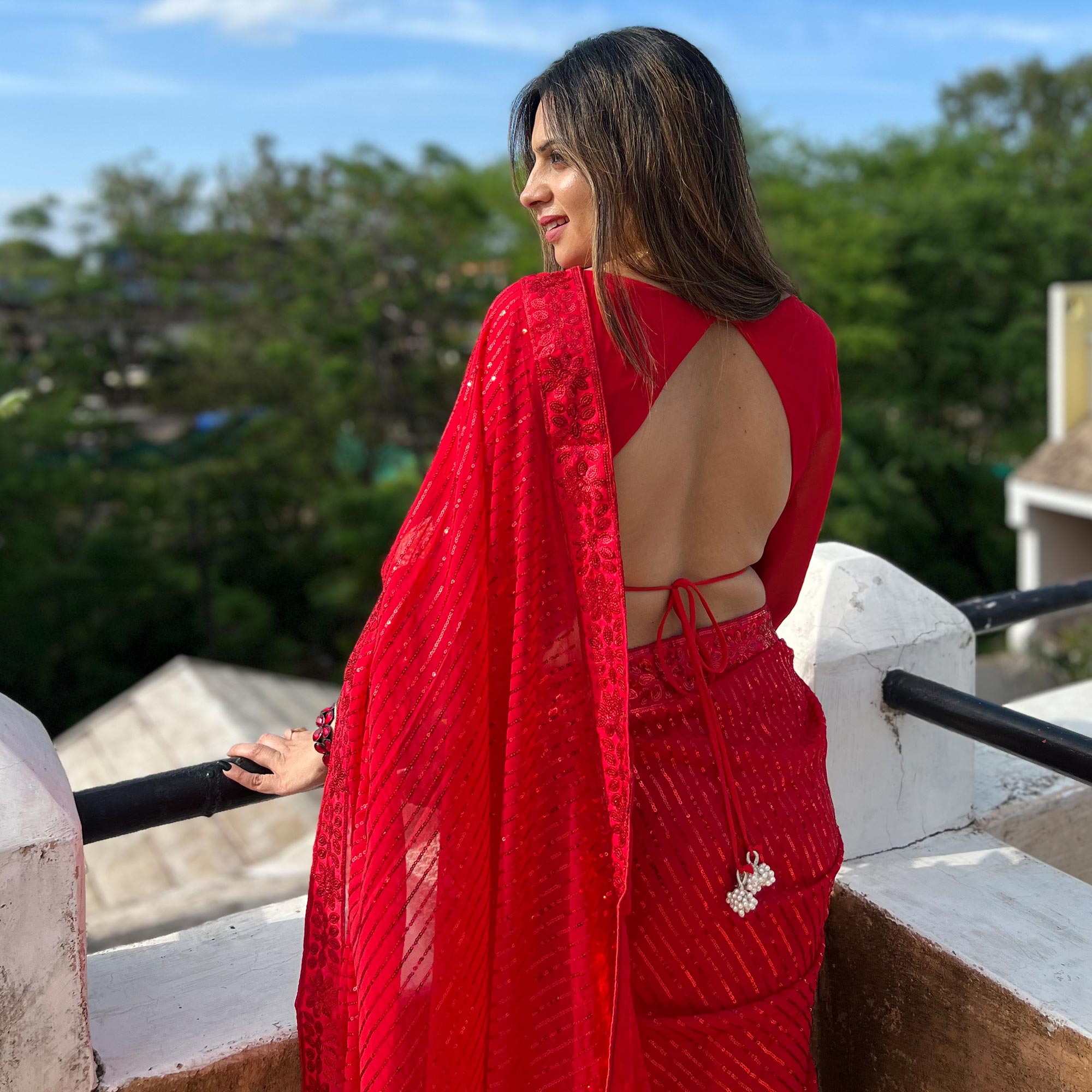 Red Sequins Embroidered Georgette Saree