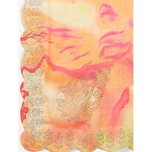 Orange Printed With Swarovski Work Chiffon Saree