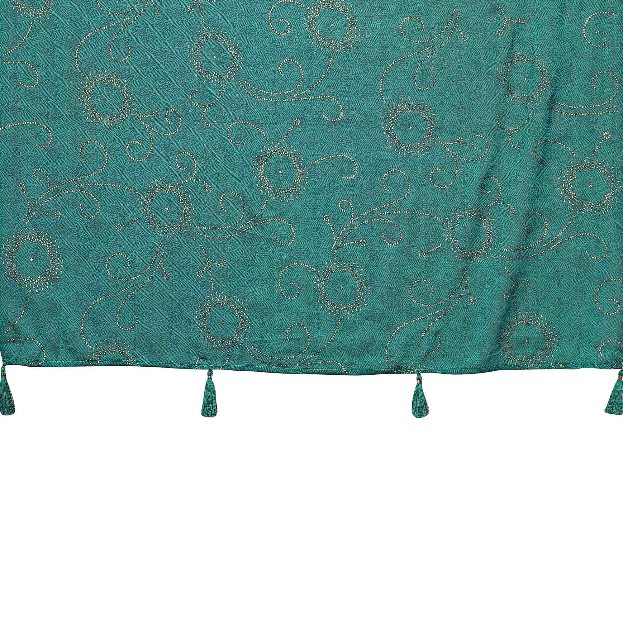 Rama Green Mukaish With Foil Printed Silk Saree With Tassels
