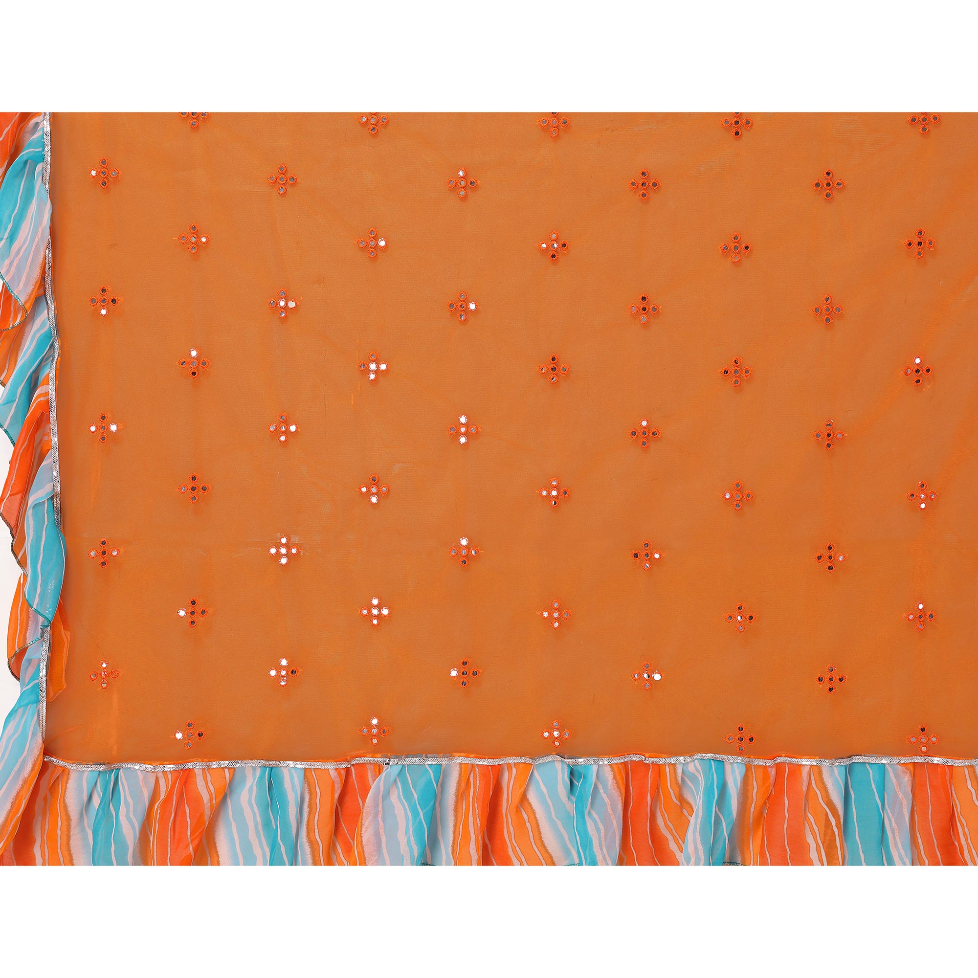 Orange Mirror Work Embroidered Net Ruffle Saree