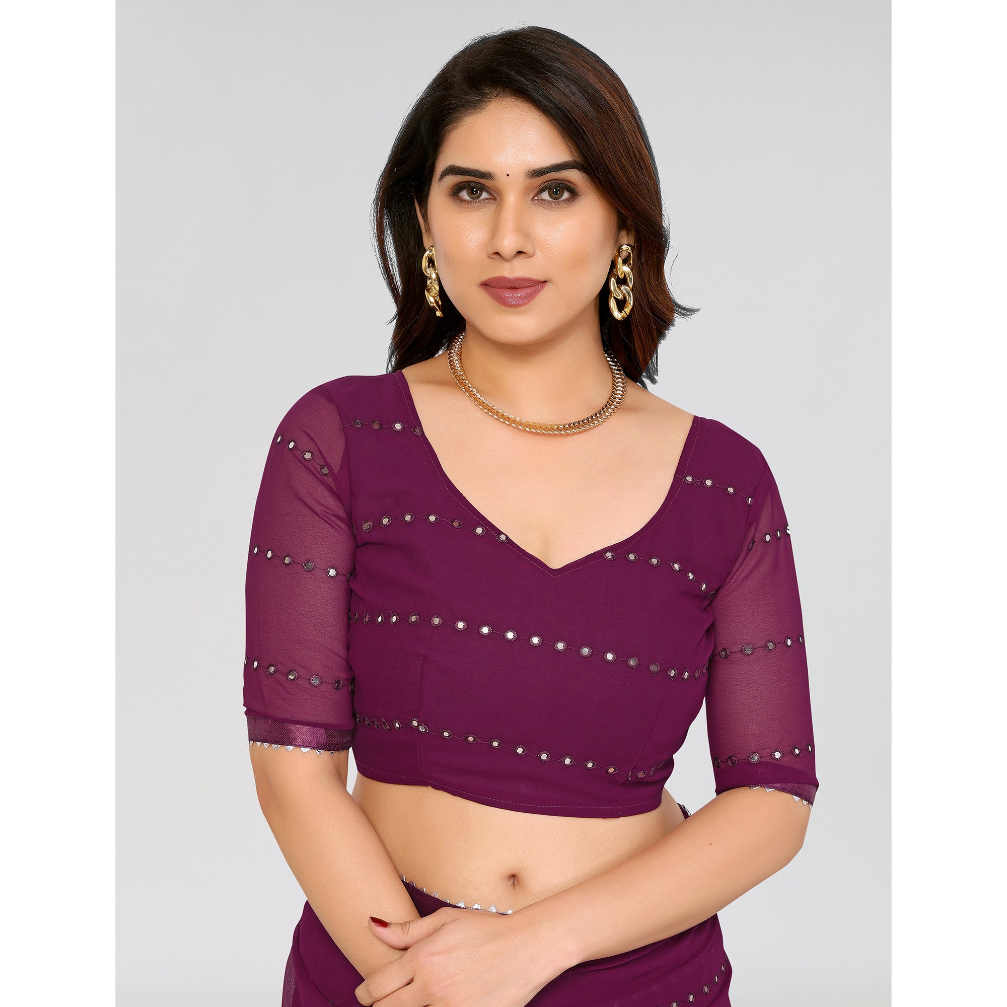 Purple Embroidered Georgette Ruffle Saree