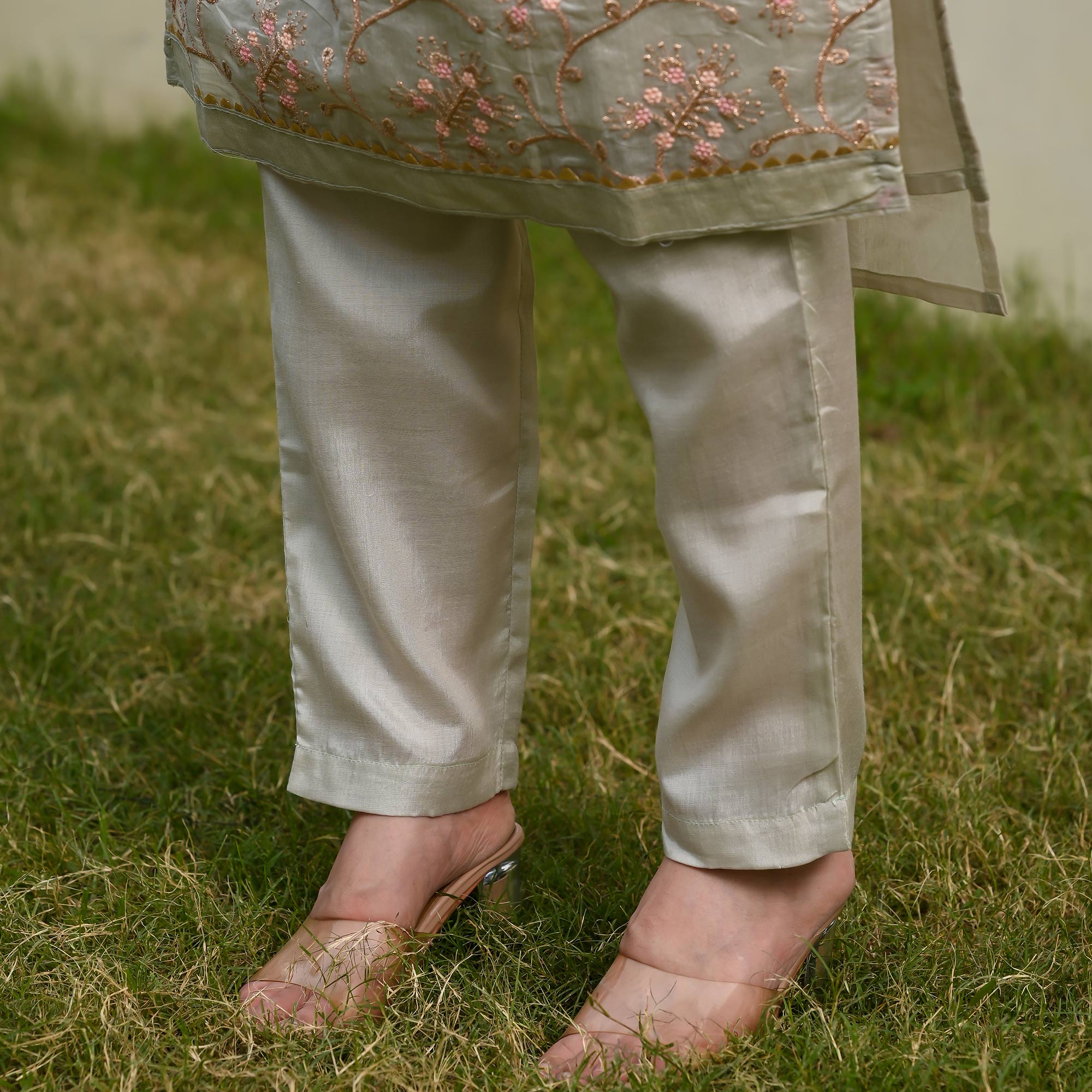 Grey Floral Embroidered Chanderi Dress Material