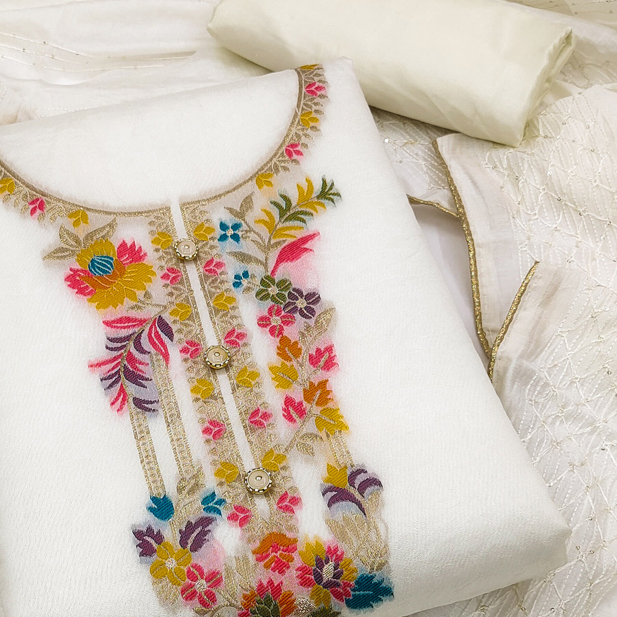 White Floral Woven Dola Silk Jacquard Dress Material