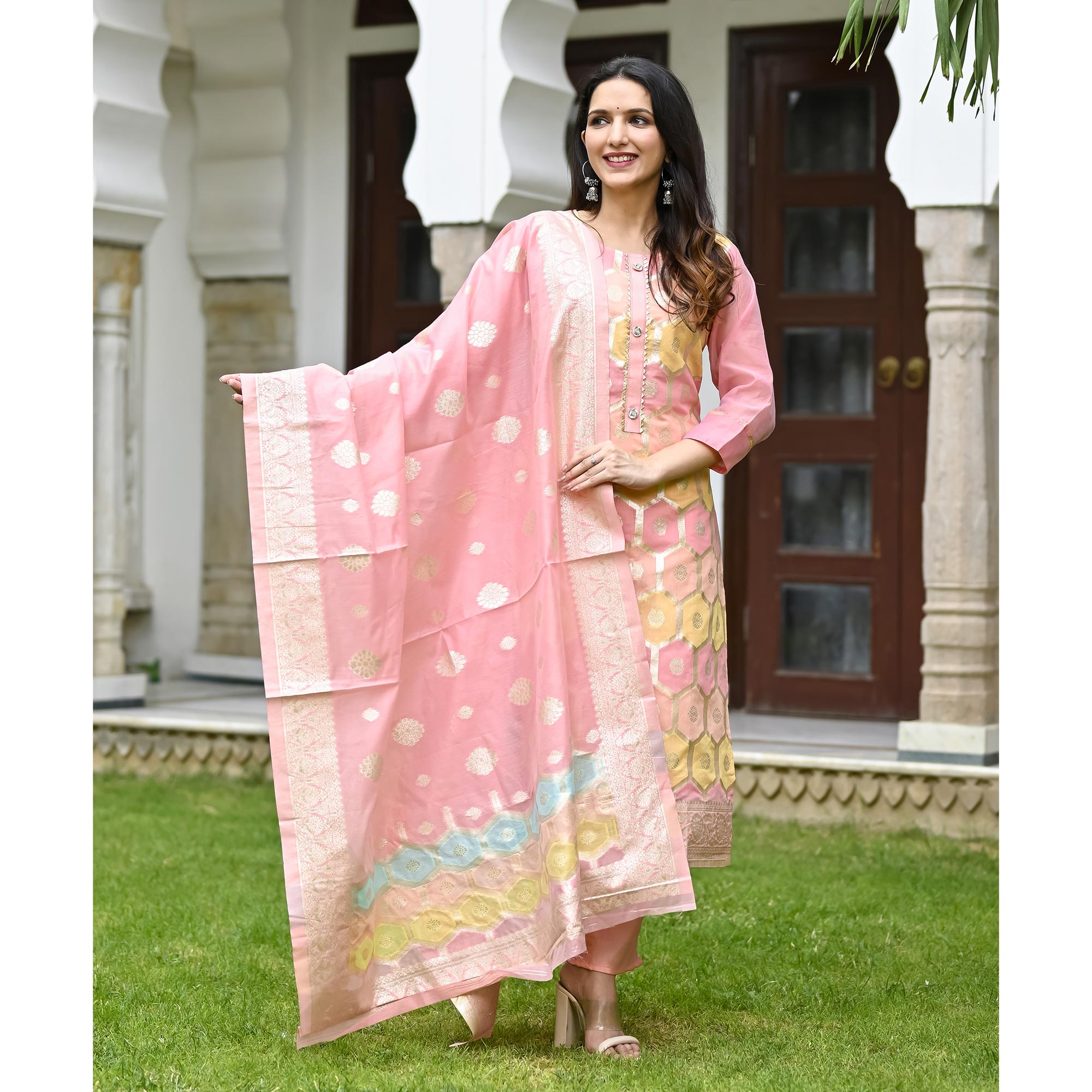 Pink Woven Banarasi Silk Salwar Suit