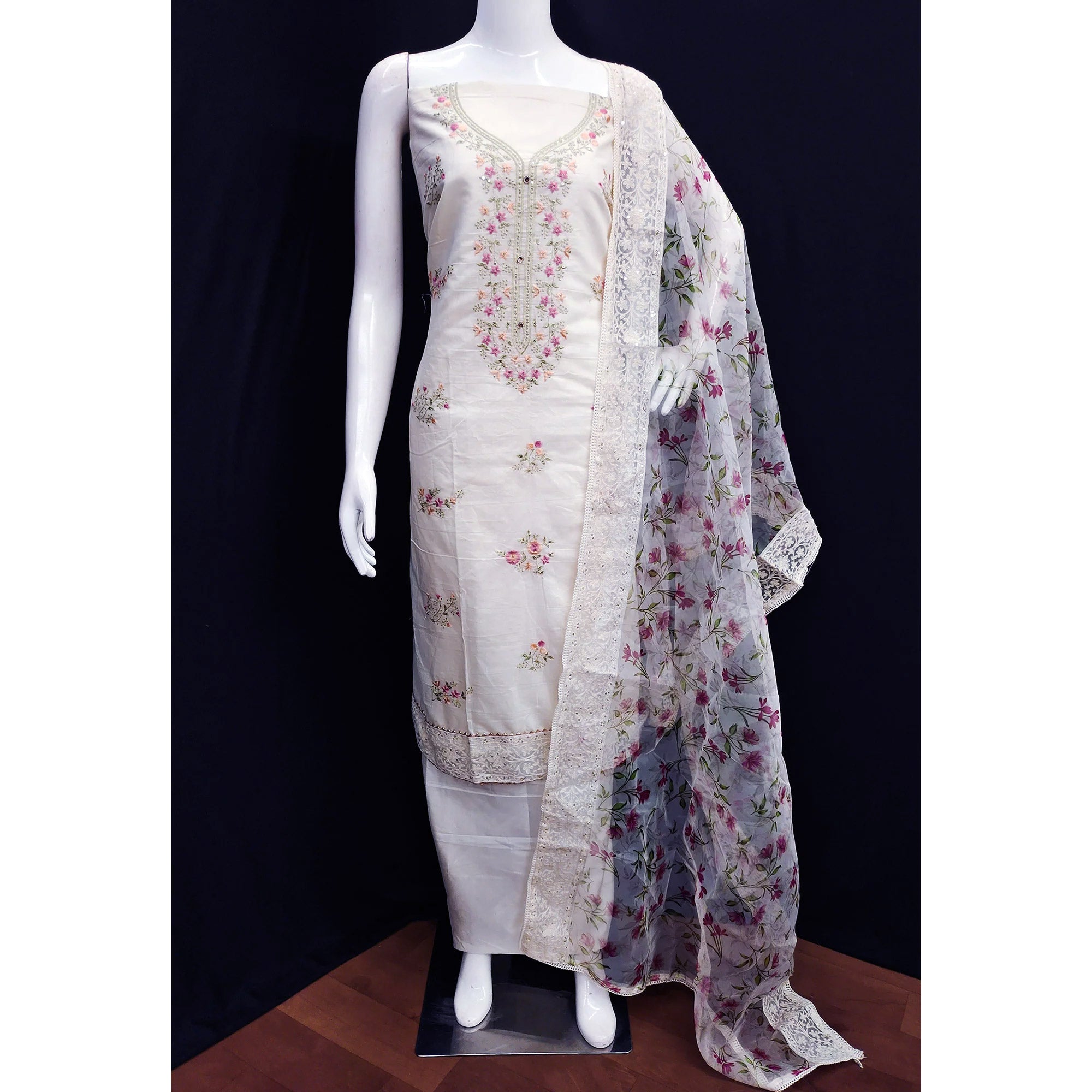 Off White Floral Embroidered Chanderi Dress Material