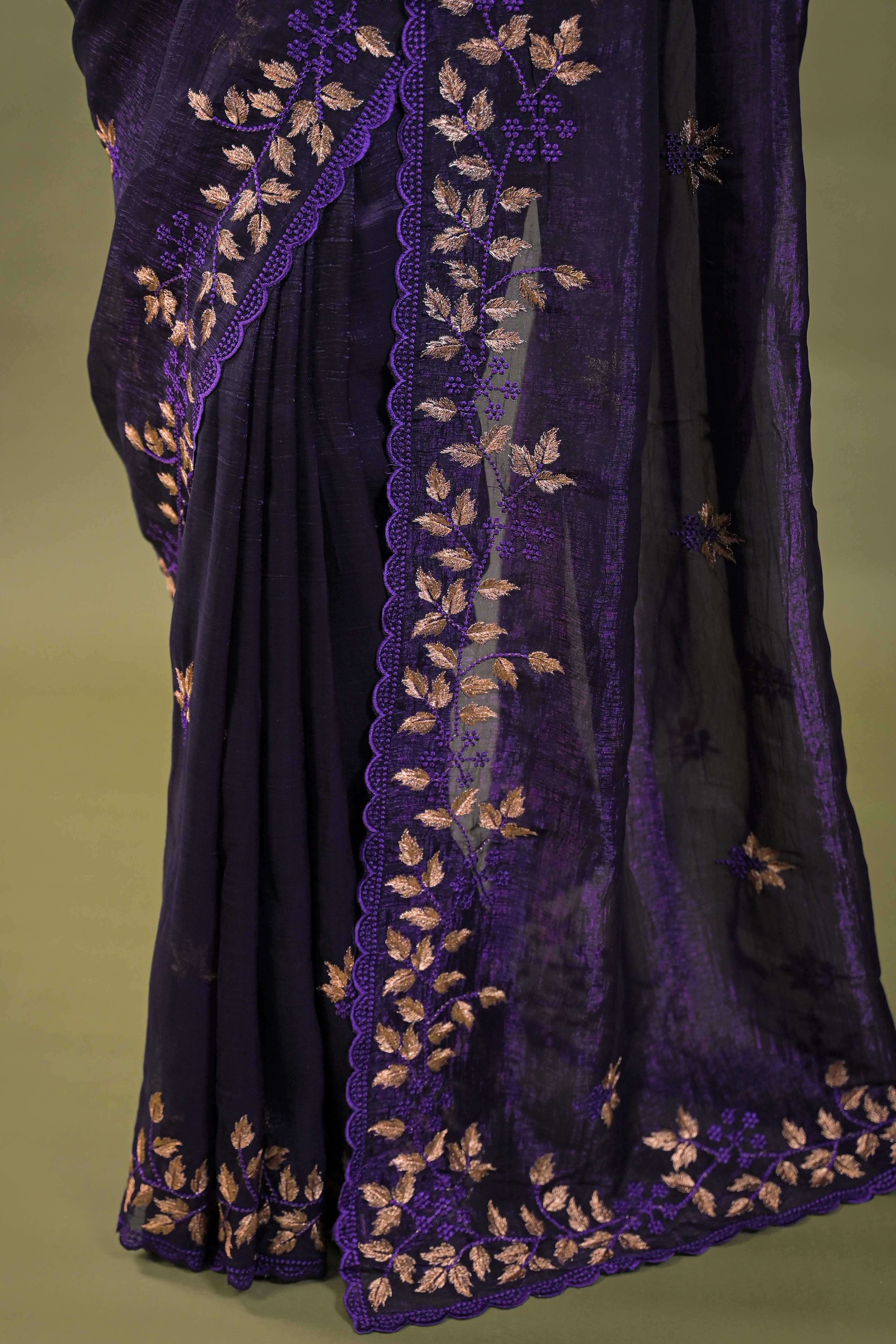 Dark Purple Sheer Organza Saree Adorned with Floral Embroidery