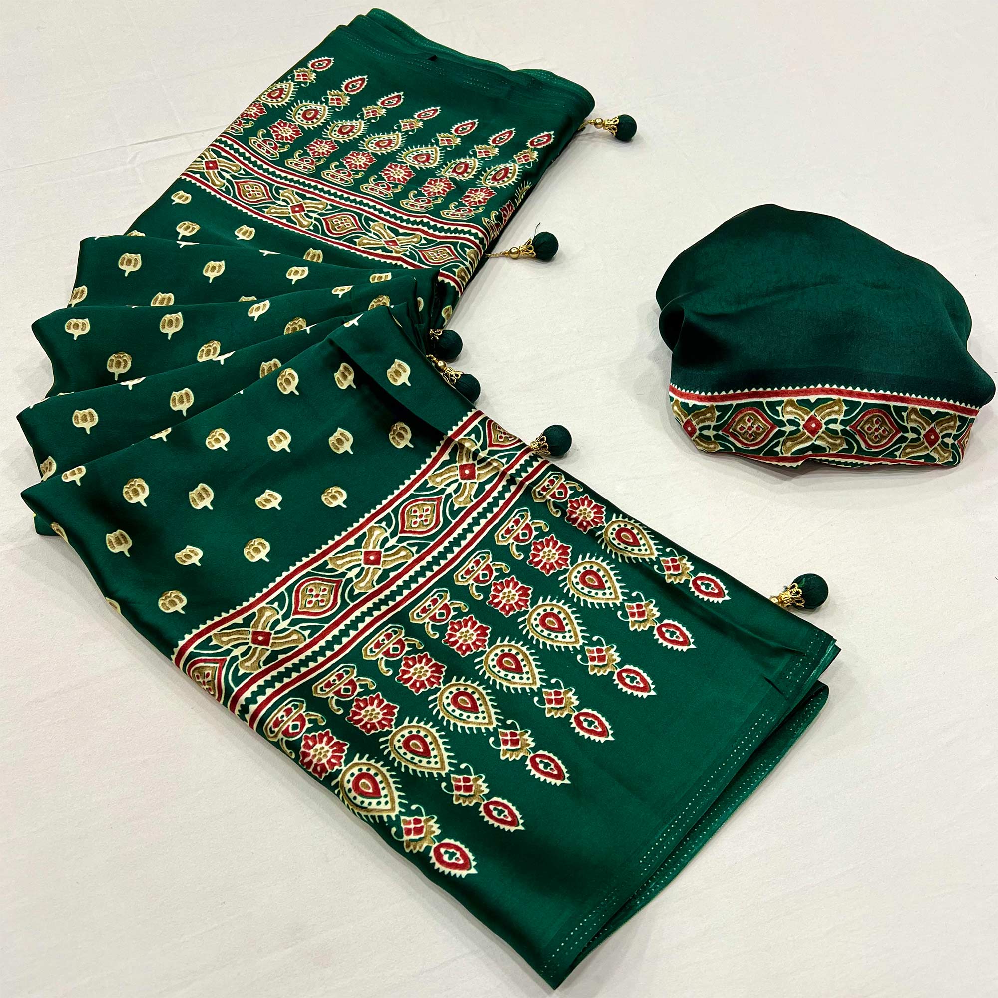 Green Ajrakh Inspired Printed Modal Satin Saree for Party Occasions