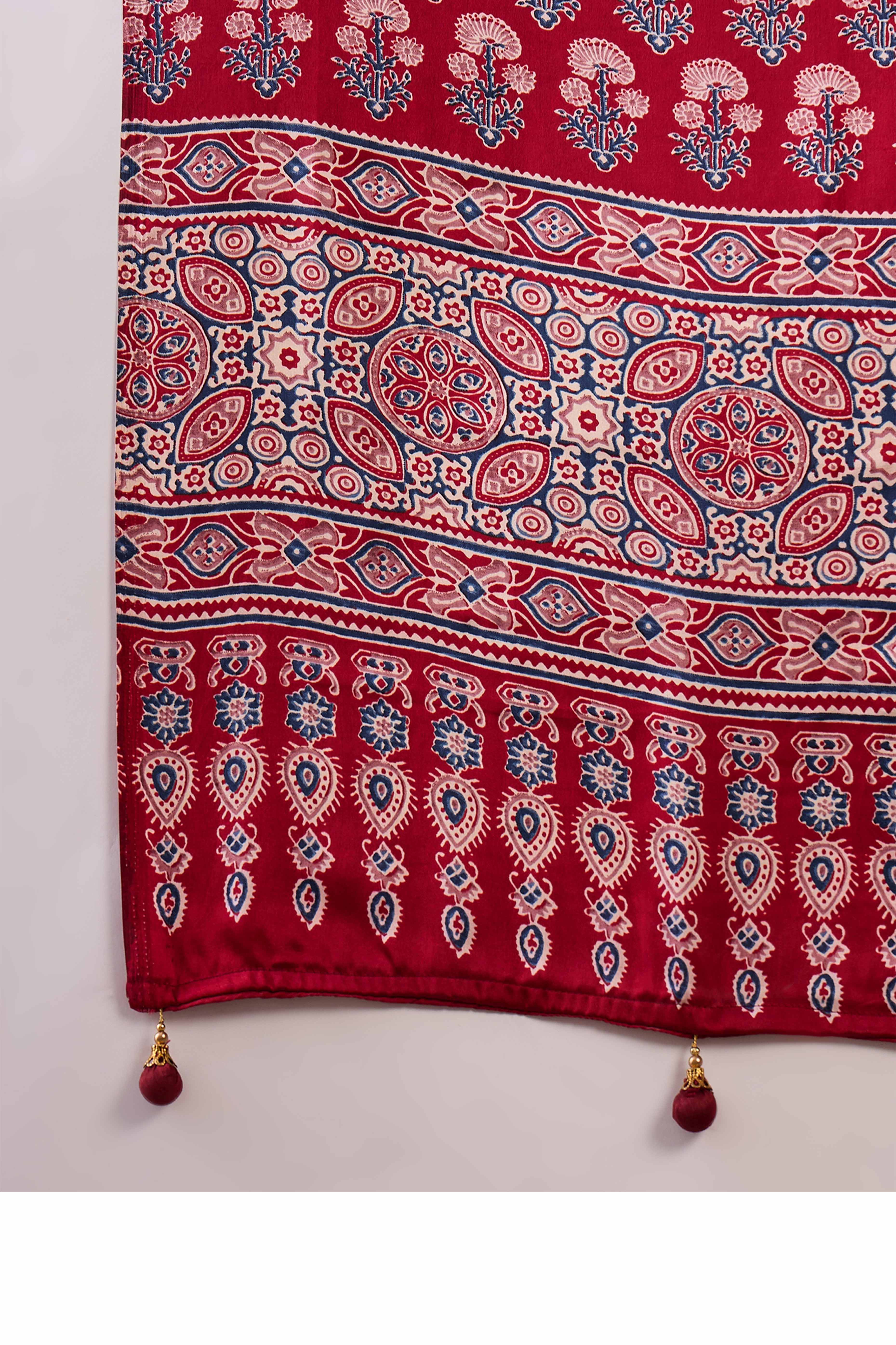 Red Ajrakh Inspired Printed Modal Satin Saree for Party Occasions