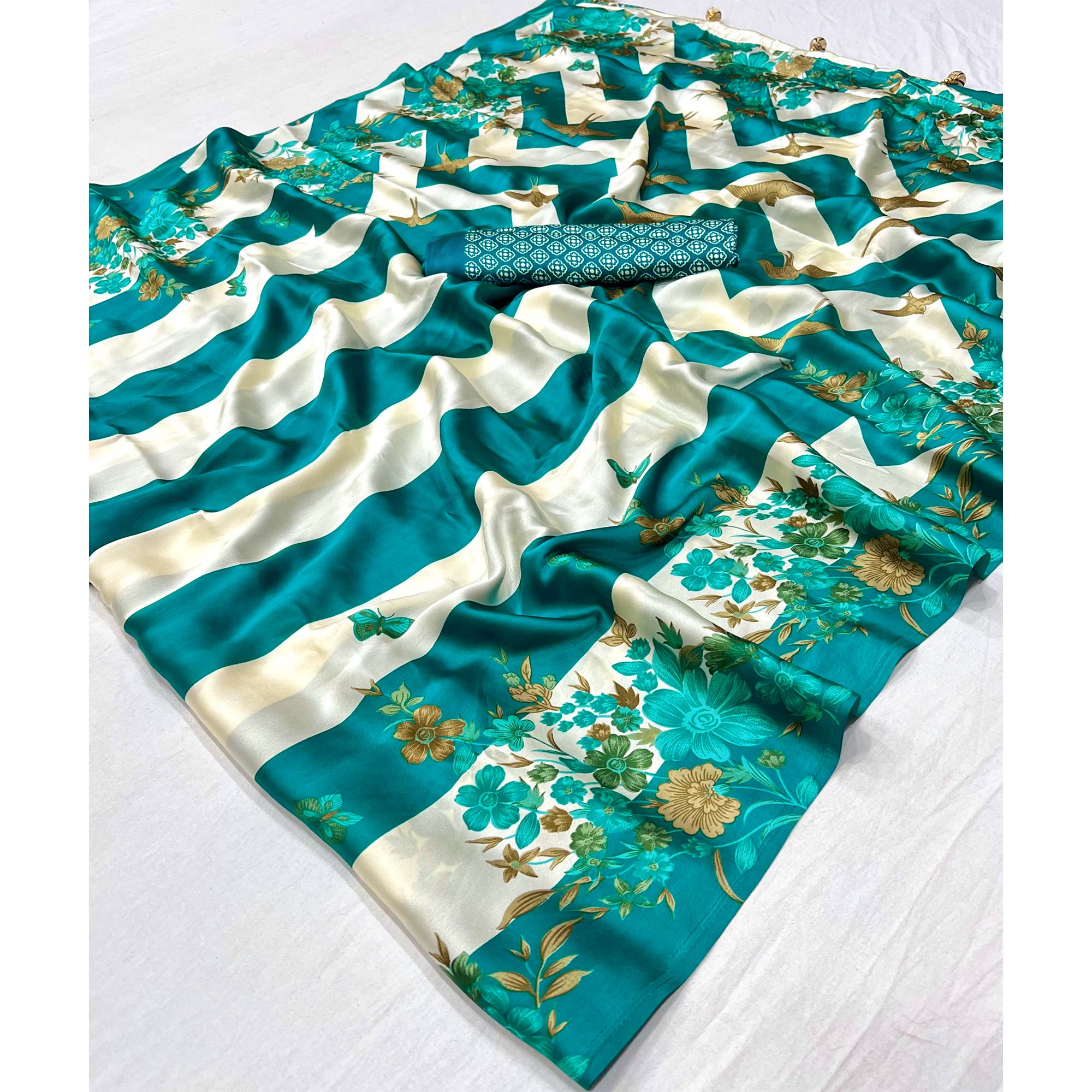 Rama Green Floral Printed Modal Satin Party Wear Saree with a Smooth Satin Finish