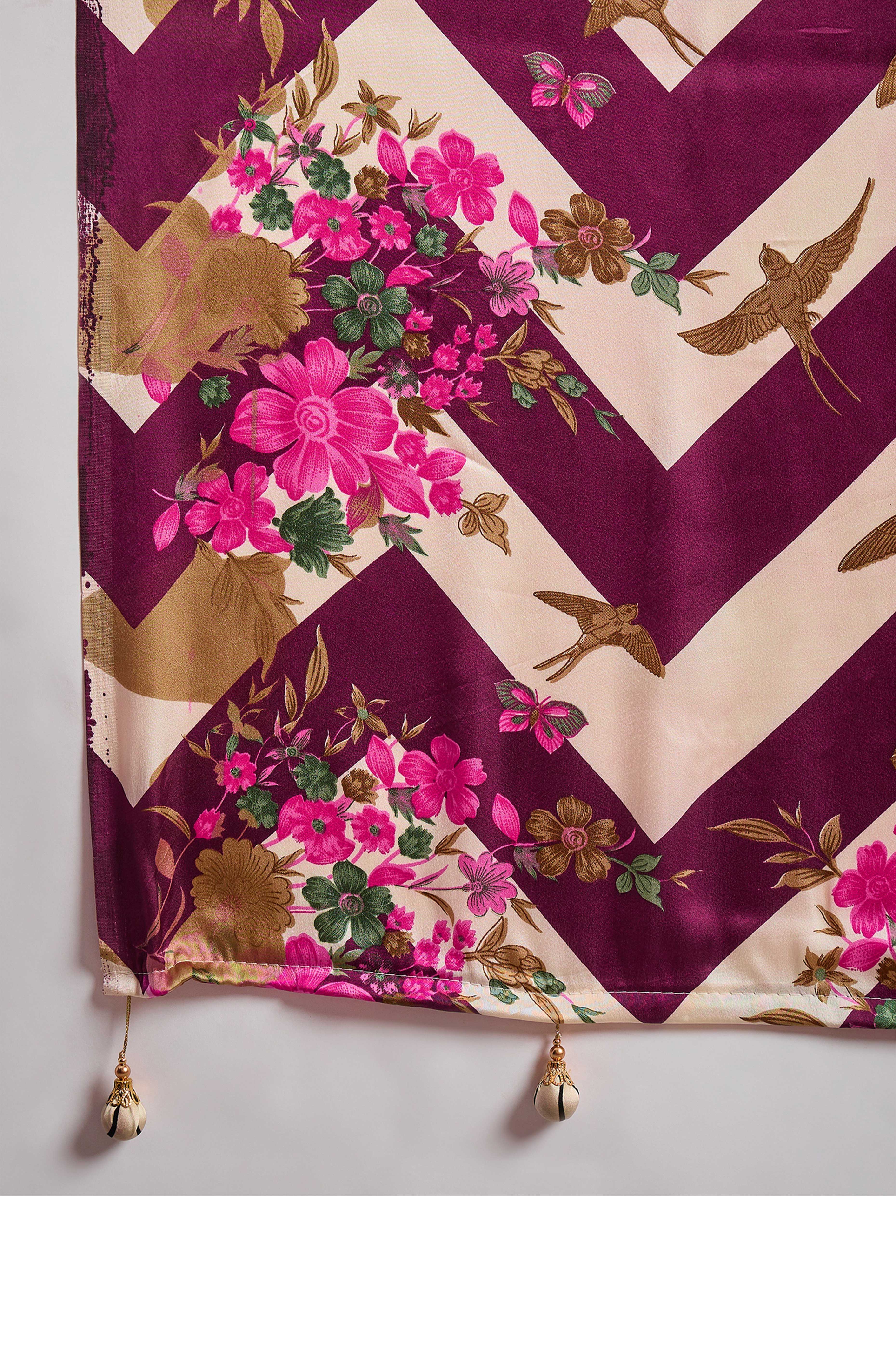 Wine Floral Printed Modal Satin Party Wear Saree with a Smooth Satin Finish