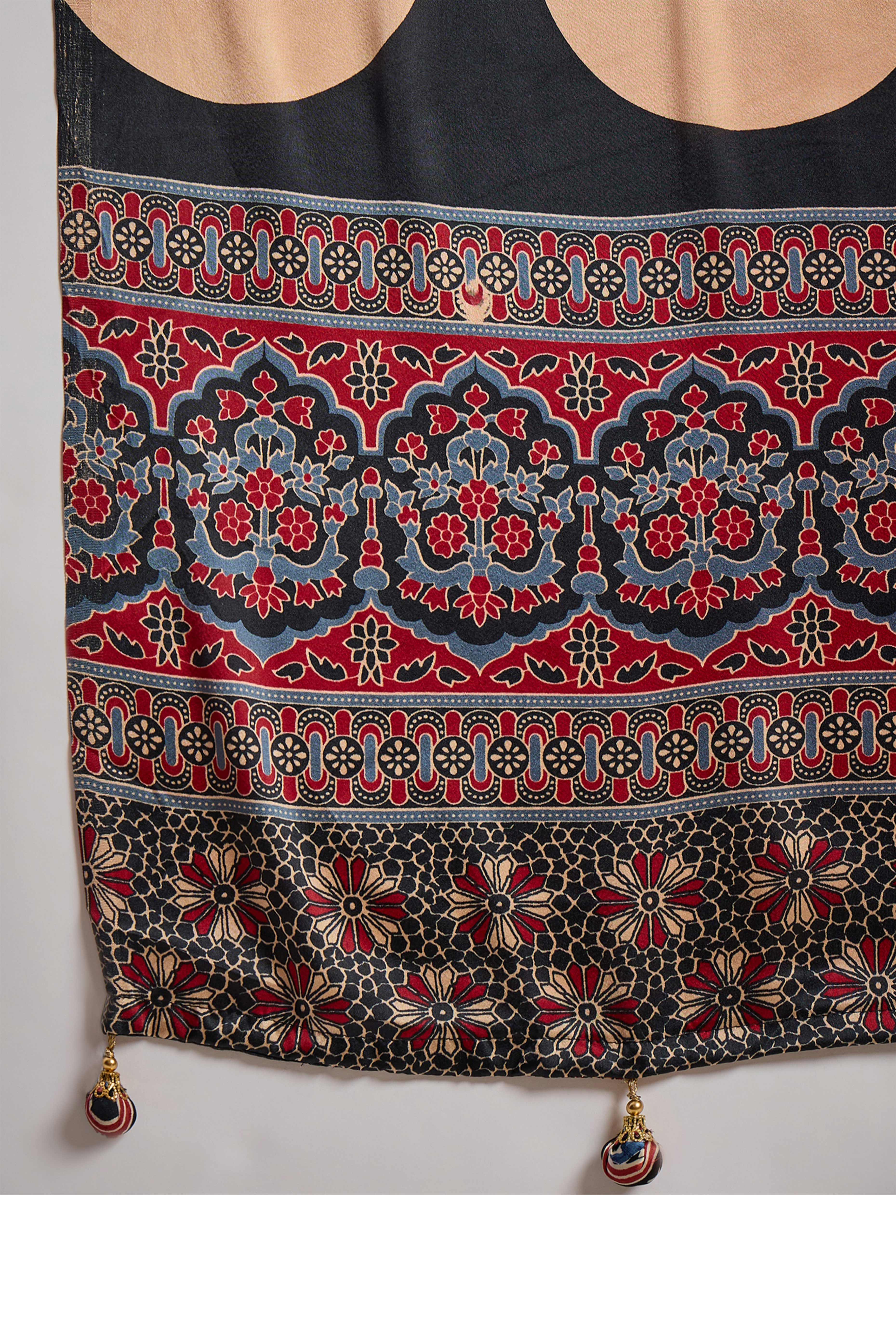 Red Modal Satin Saree with Subtle Stripe Design and Ajrakh Print on Pallu