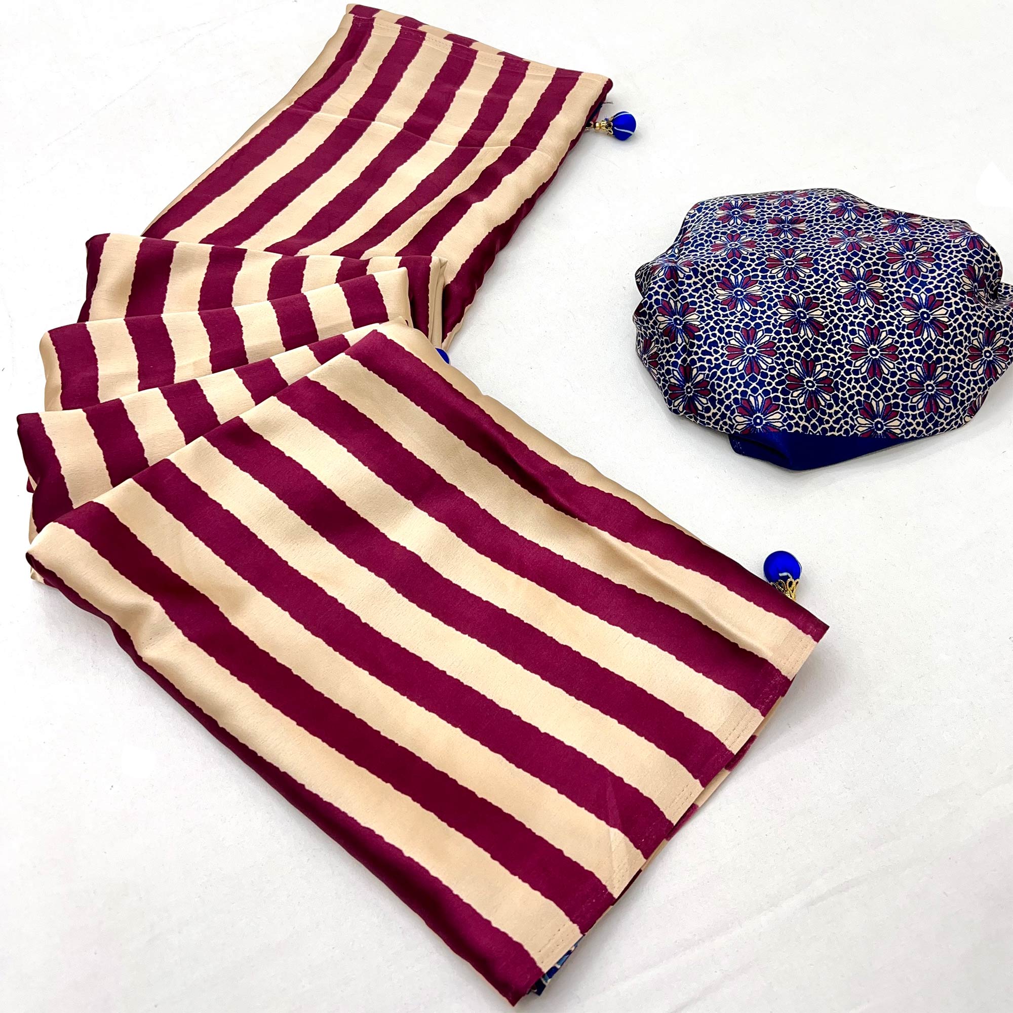 Wine Modal Satin Saree with Subtle Stripe Design and Ajrakh Print on Pallu