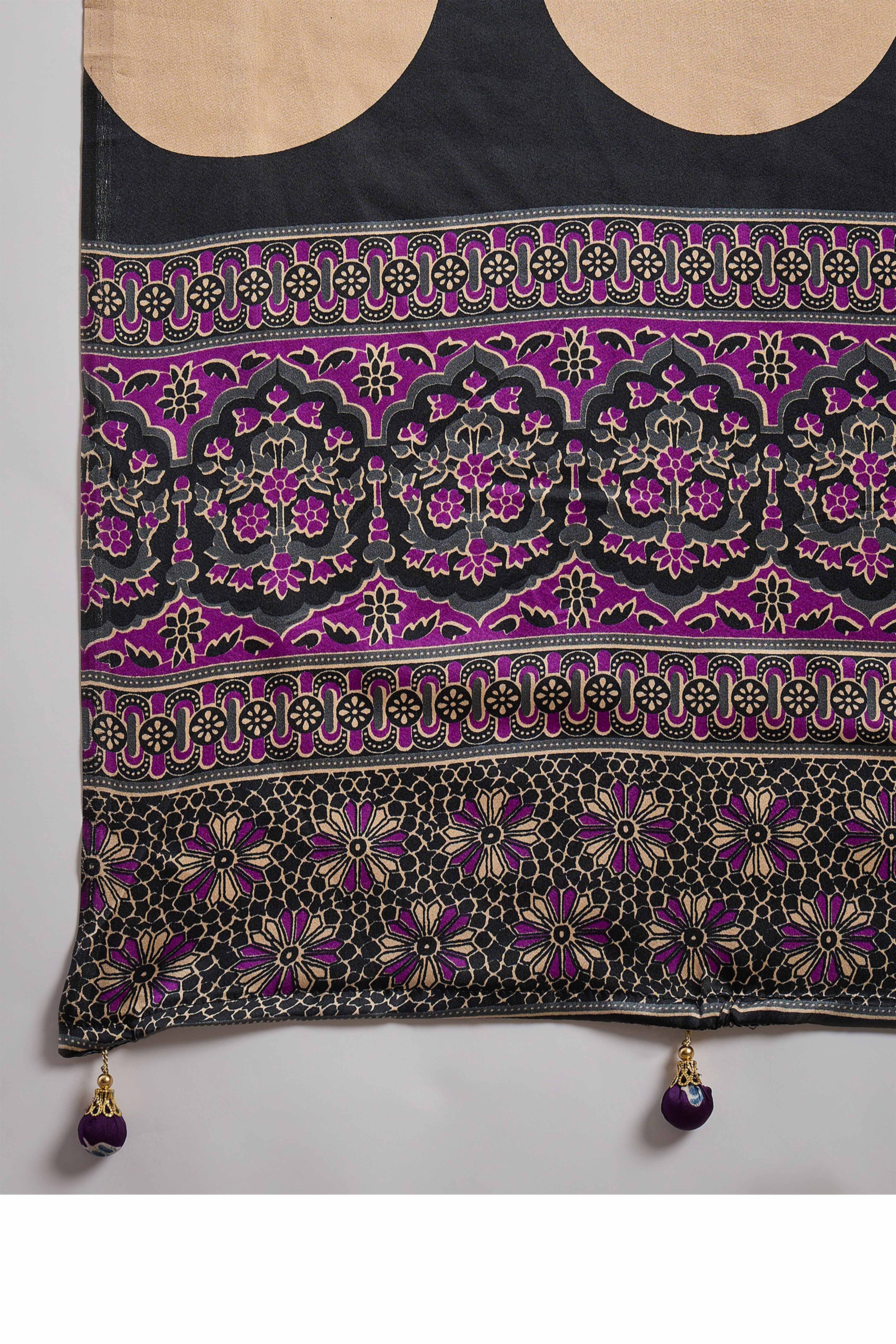 Purple Modal Satin Saree with Subtle Stripe Design and Ajrakh Print on Pallu